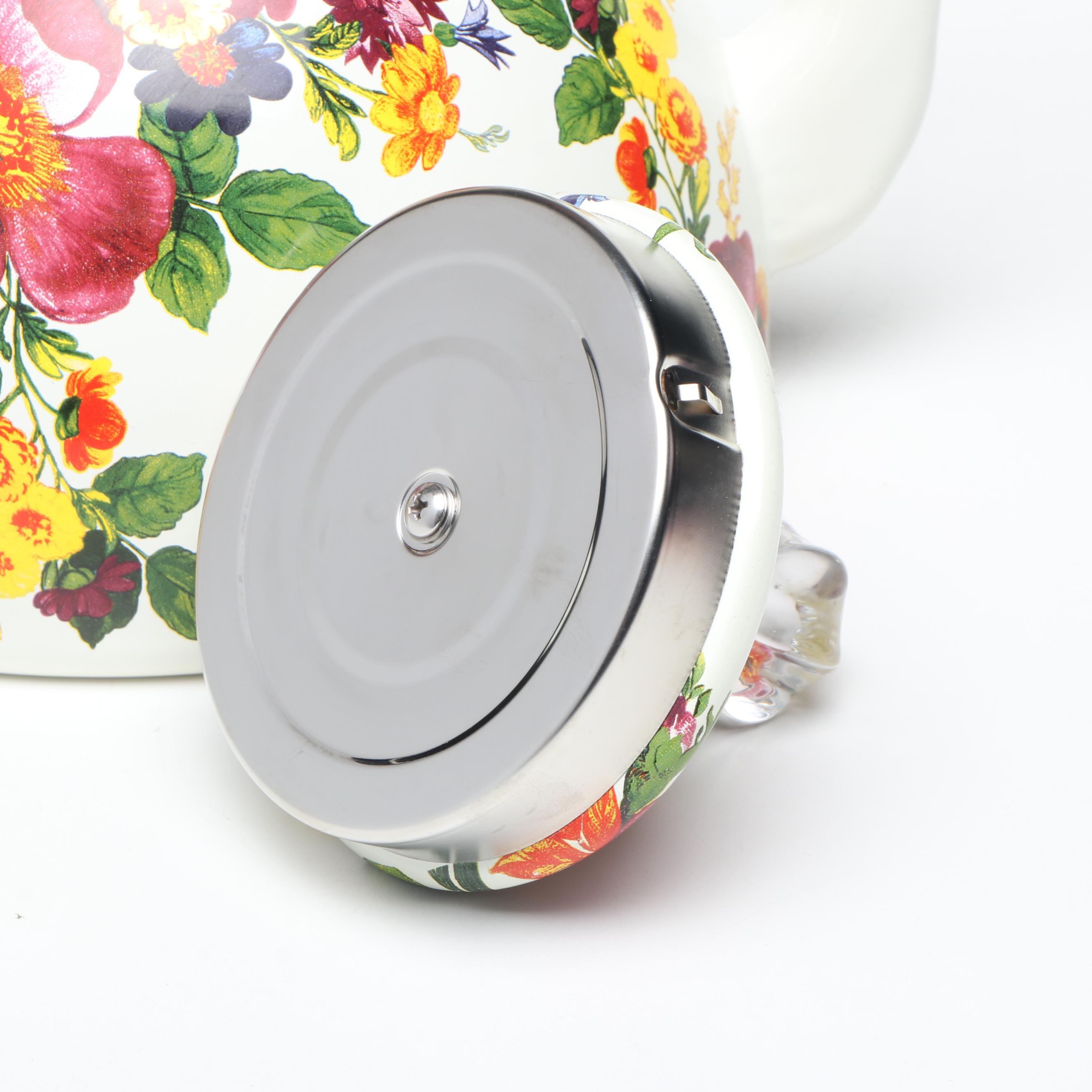 MacKenzie-Childs "Courtly Check" and "Flower Market" Enamelware Tea Kettles