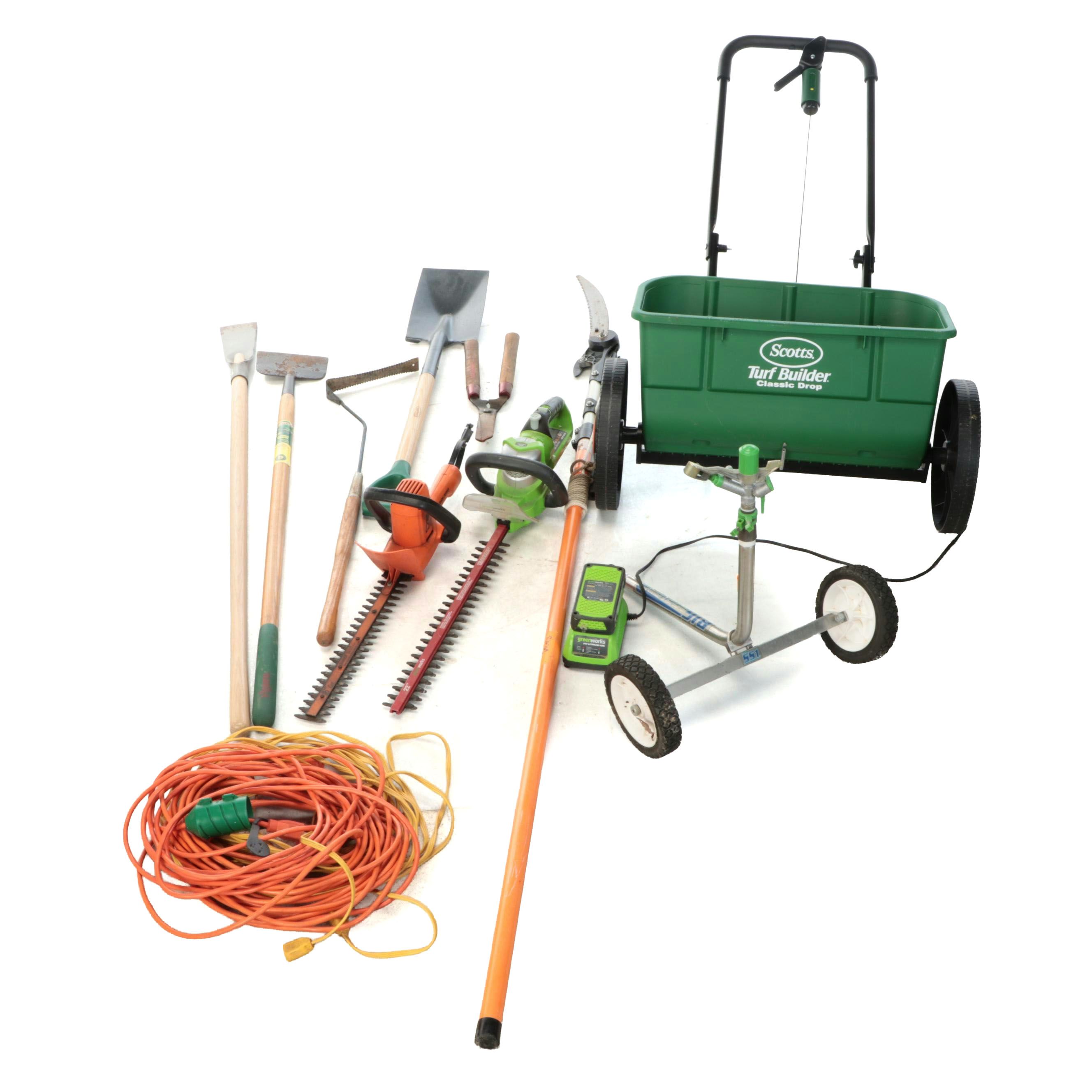 Scotts Turf Builder Seeder, Fiskars Tee Pruner with Hedge Trimmers and More