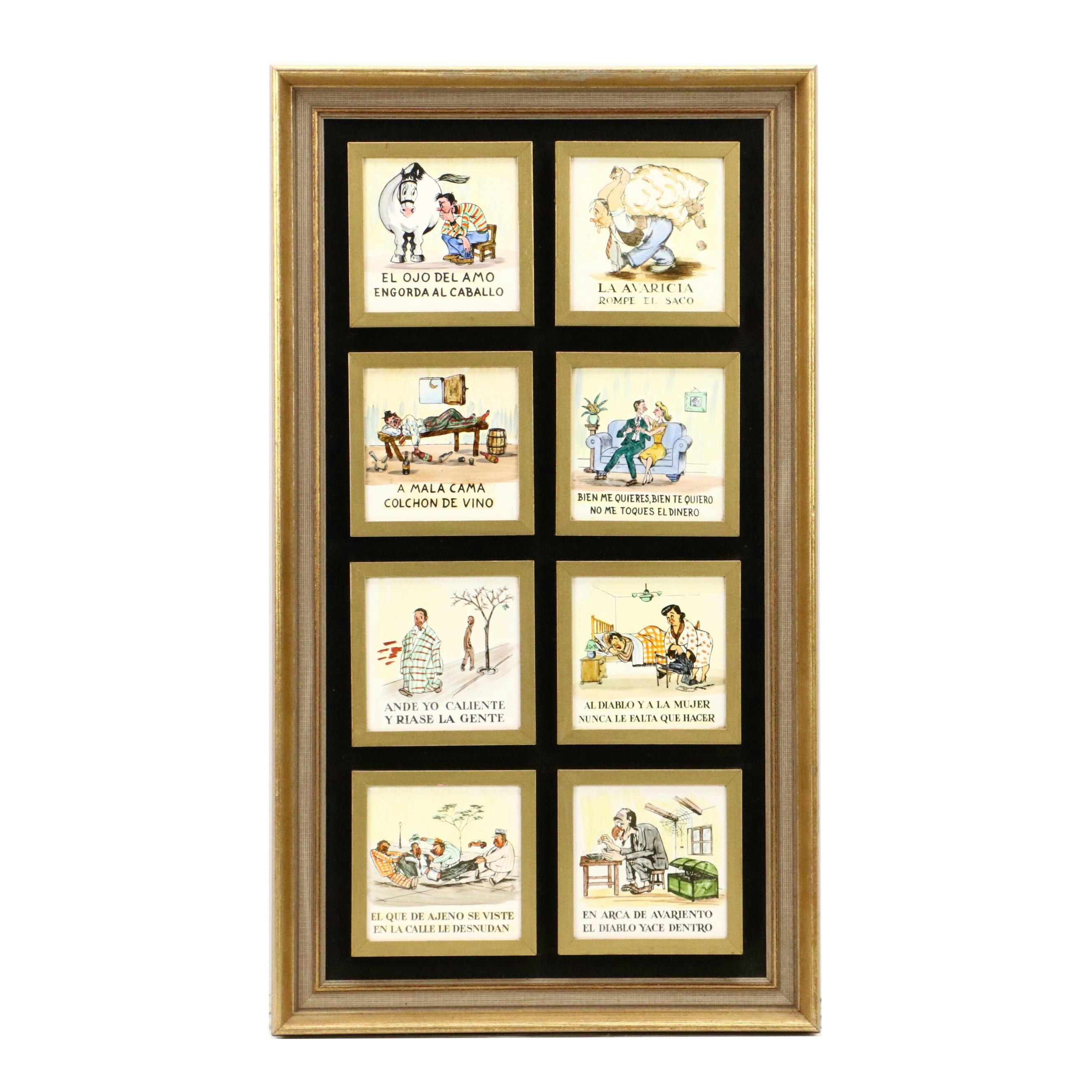 Ceramic Tiles With Spanish Hand-Colored Satirical Cartoons, Circa 1945