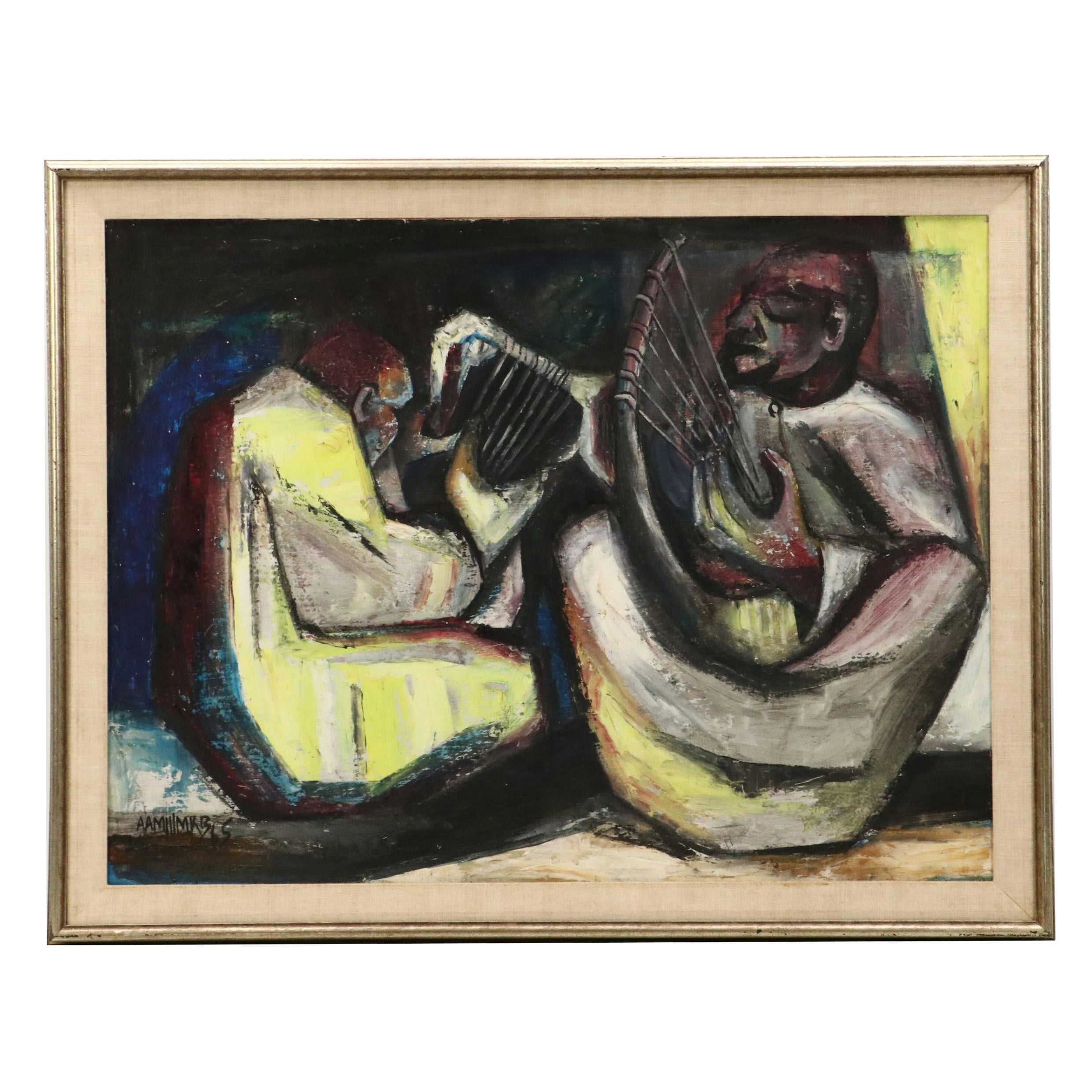 Cubist Inspired Oil Painting of Men Playing Harps, 1969