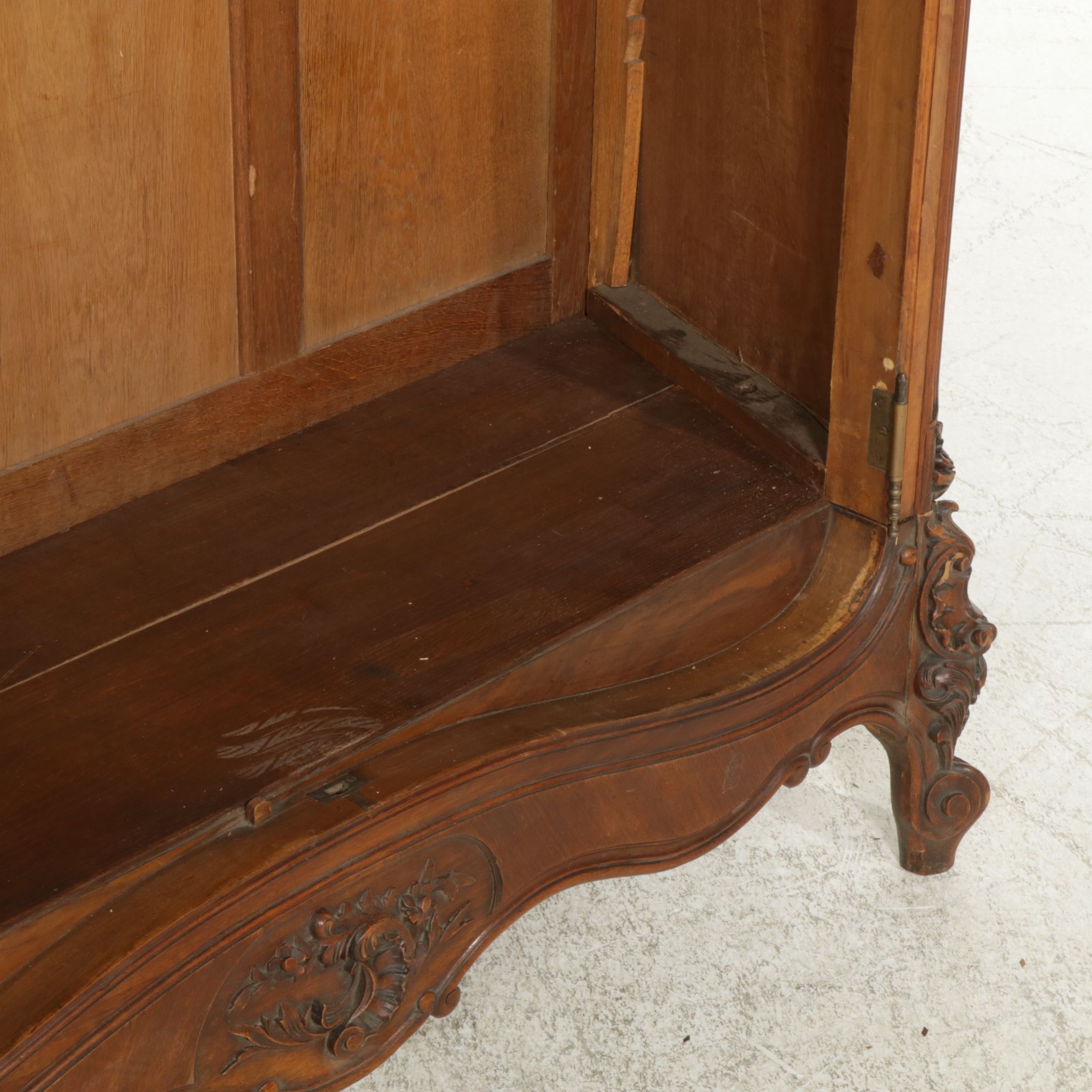 Louis XV Style Walnut Knockdown Armoire with Carved Rococo Cartouche