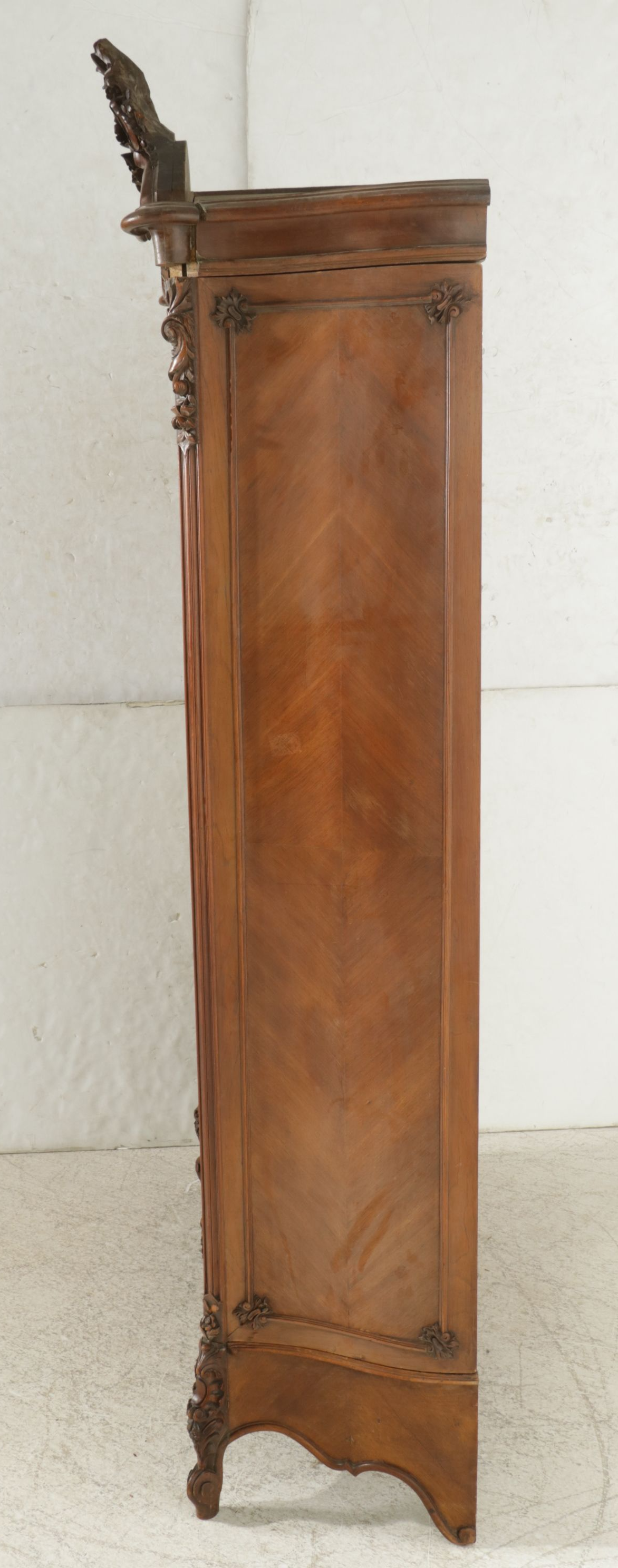 Louis XV Style Walnut Knockdown Armoire with Carved Rococo Cartouche