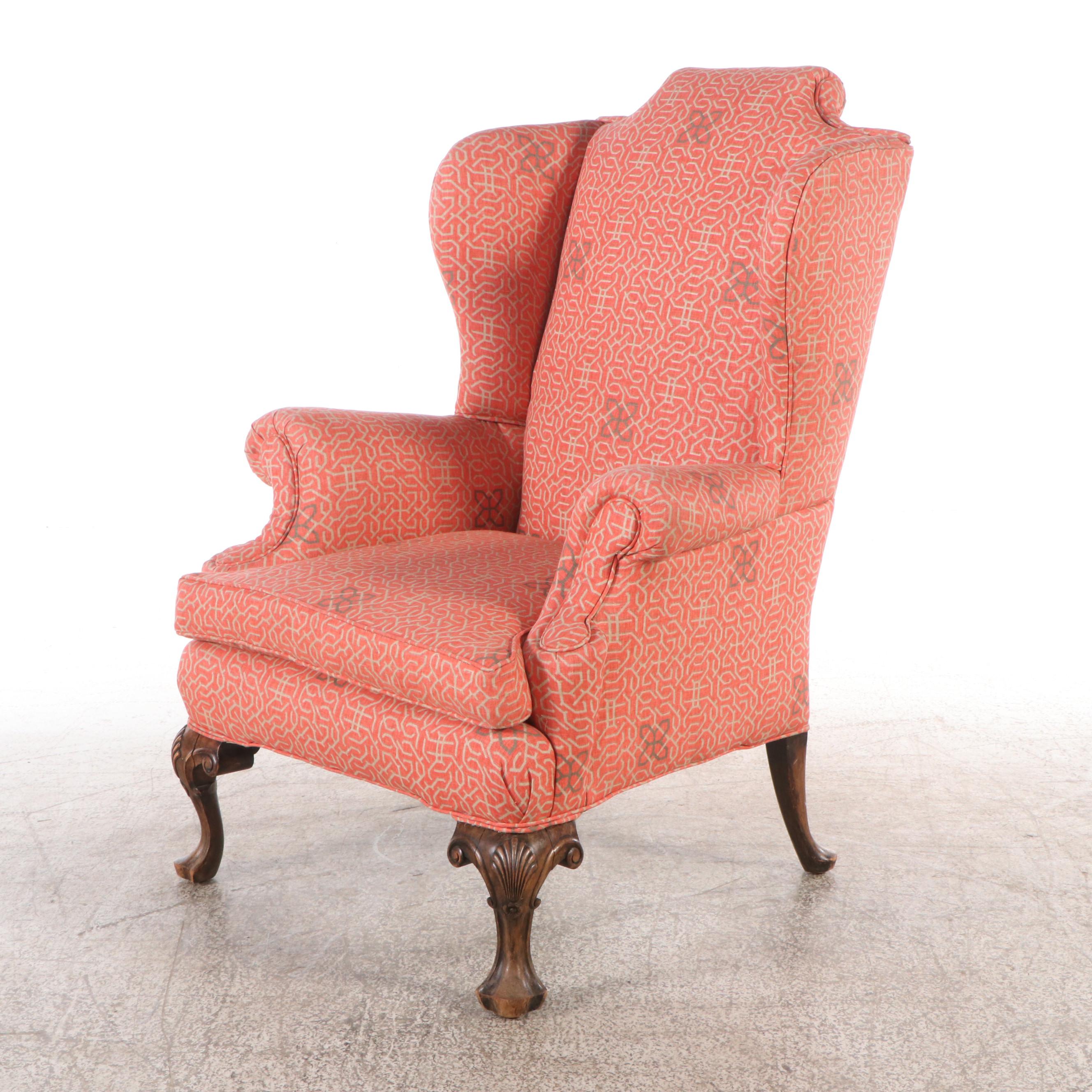 Pair of Chippendale Style Fabric Upholstered Wingback Armchairs