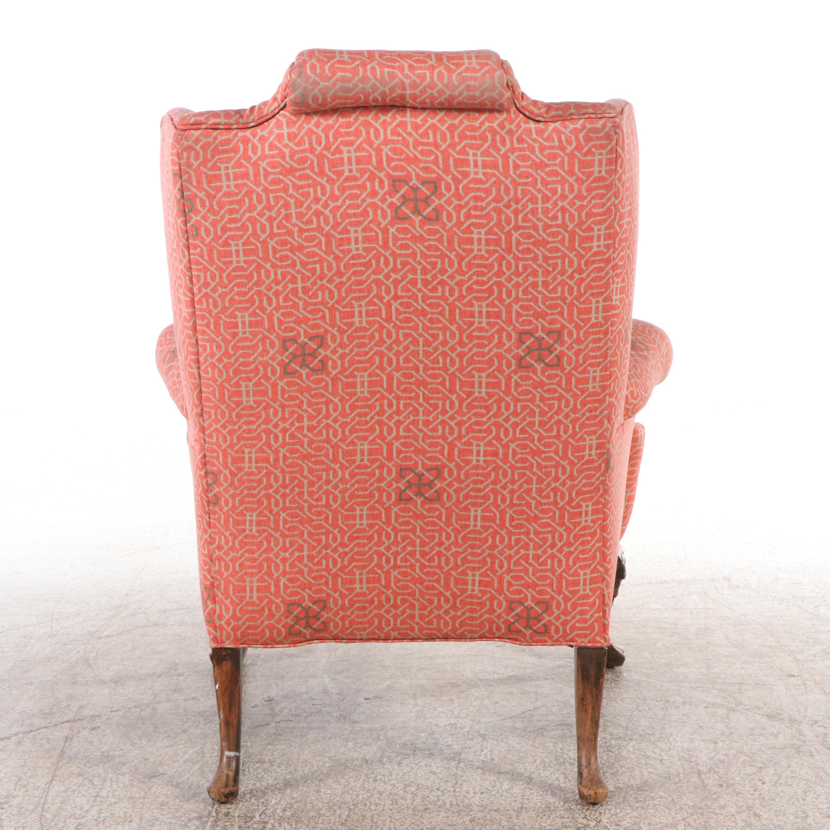 Pair of Chippendale Style Fabric Upholstered Wingback Armchairs