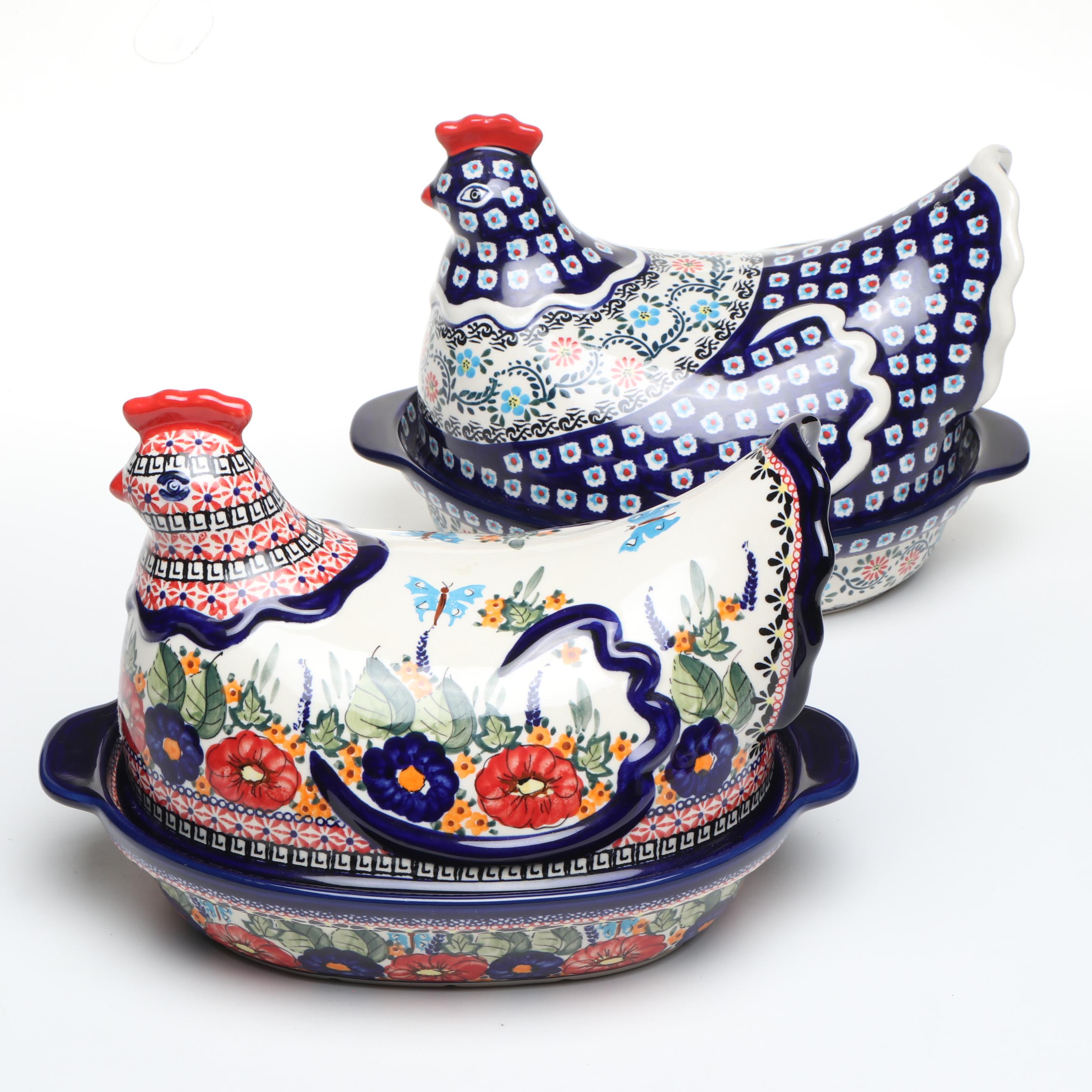 Polish Boleslawiec Pottery Hen on Nest Bakers
