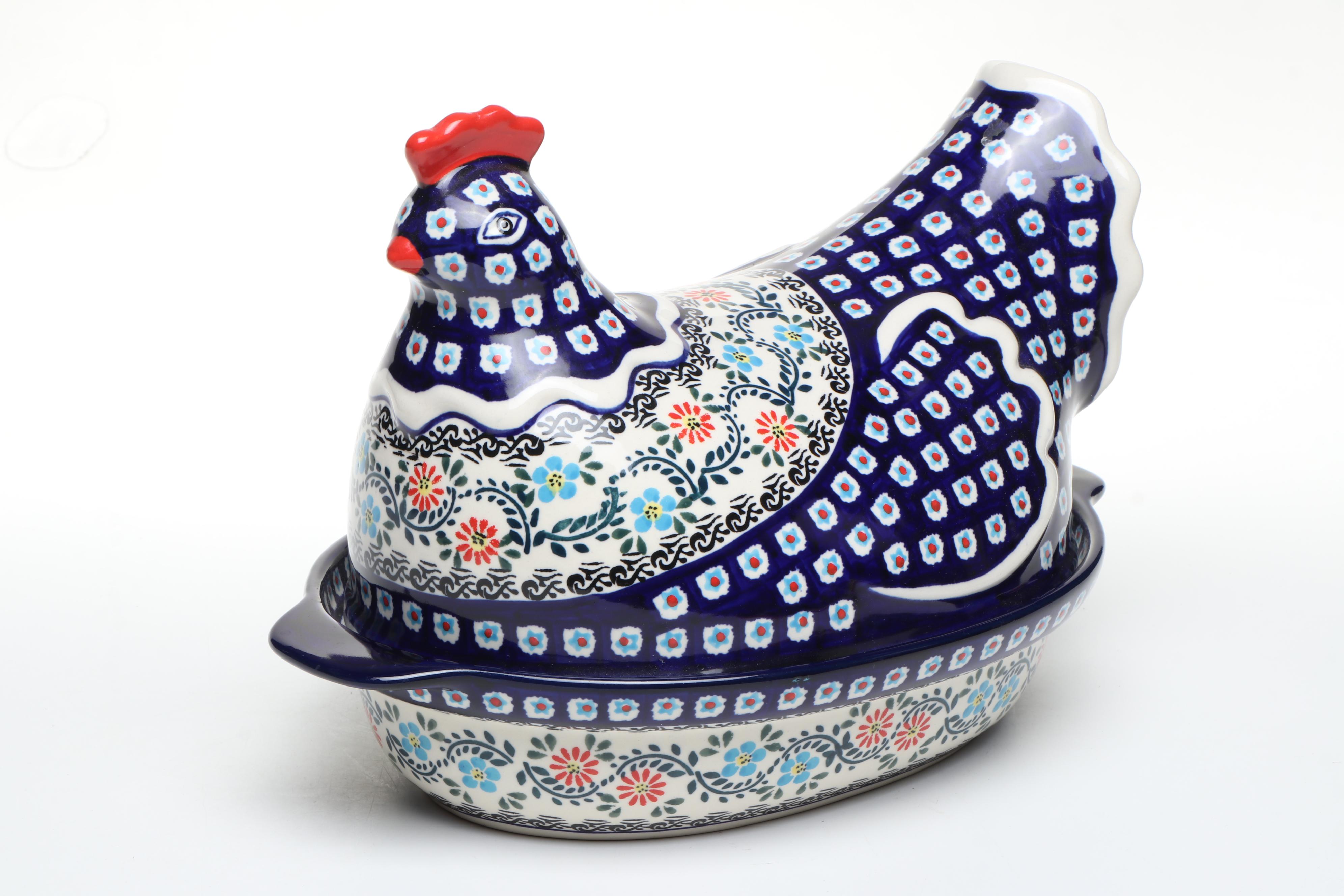 Polish Boleslawiec Pottery Hen on Nest Bakers