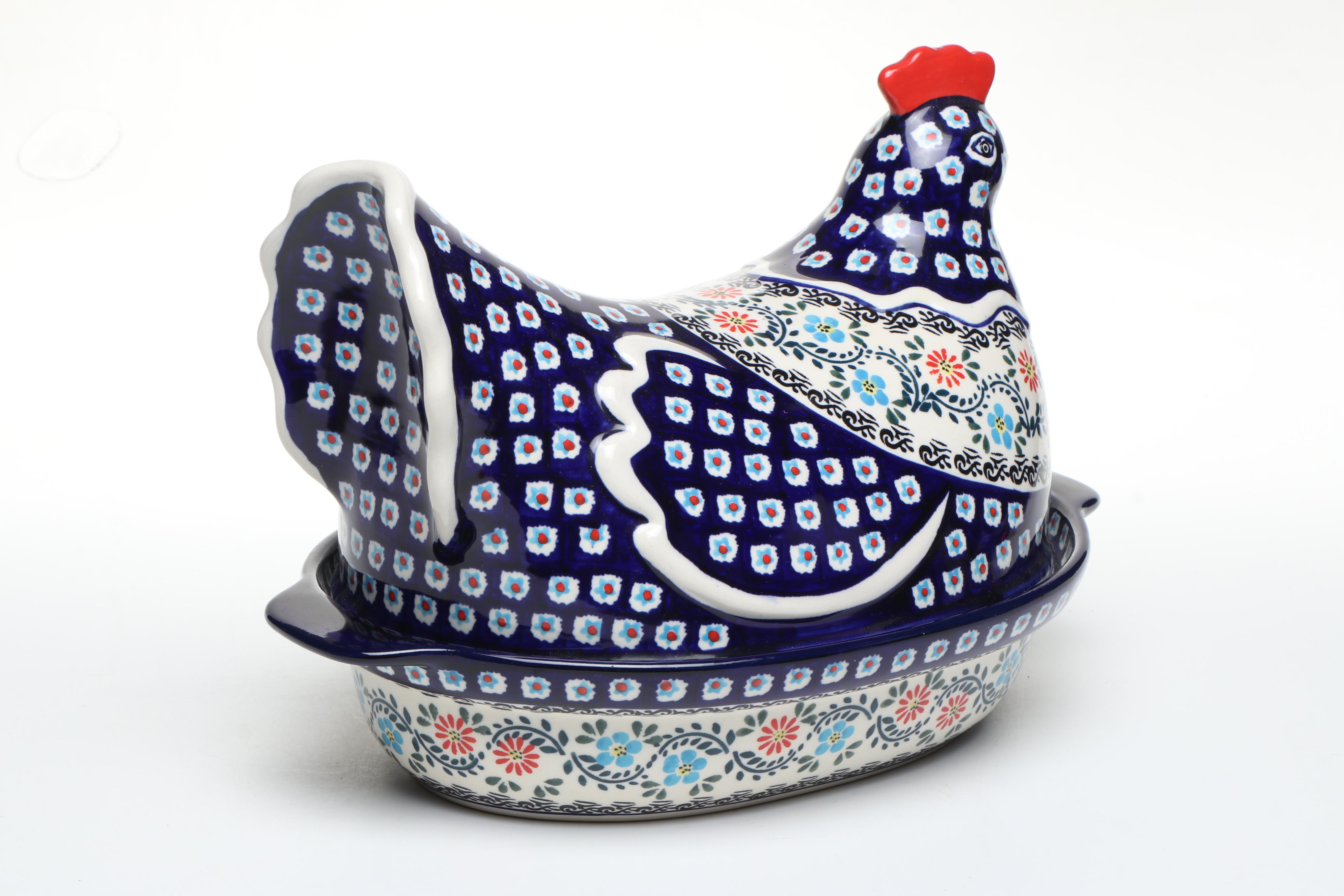 Polish Boleslawiec Pottery Hen on Nest Bakers