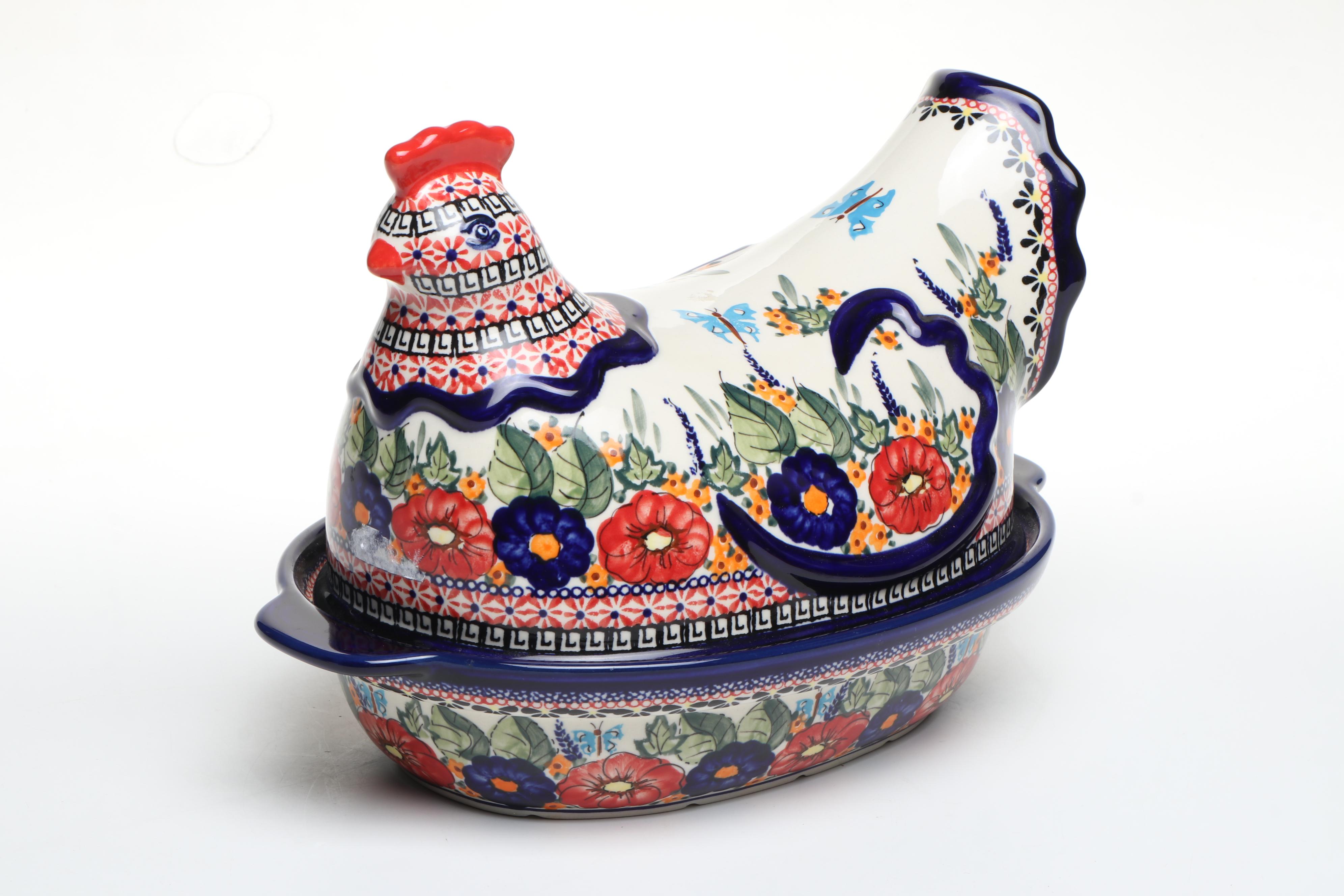 Polish Boleslawiec Pottery Hen on Nest Bakers