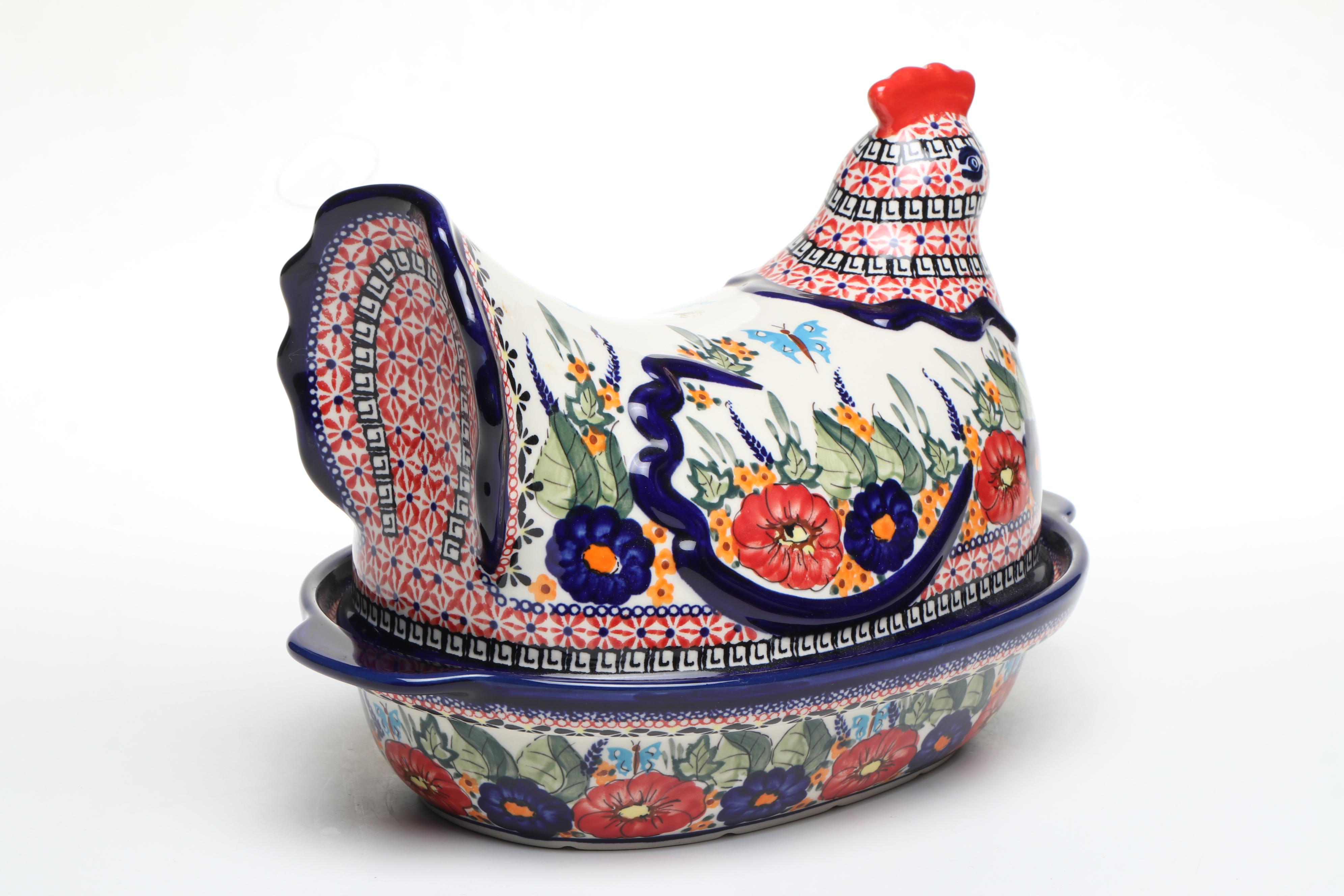 Polish Boleslawiec Pottery Hen on Nest Bakers