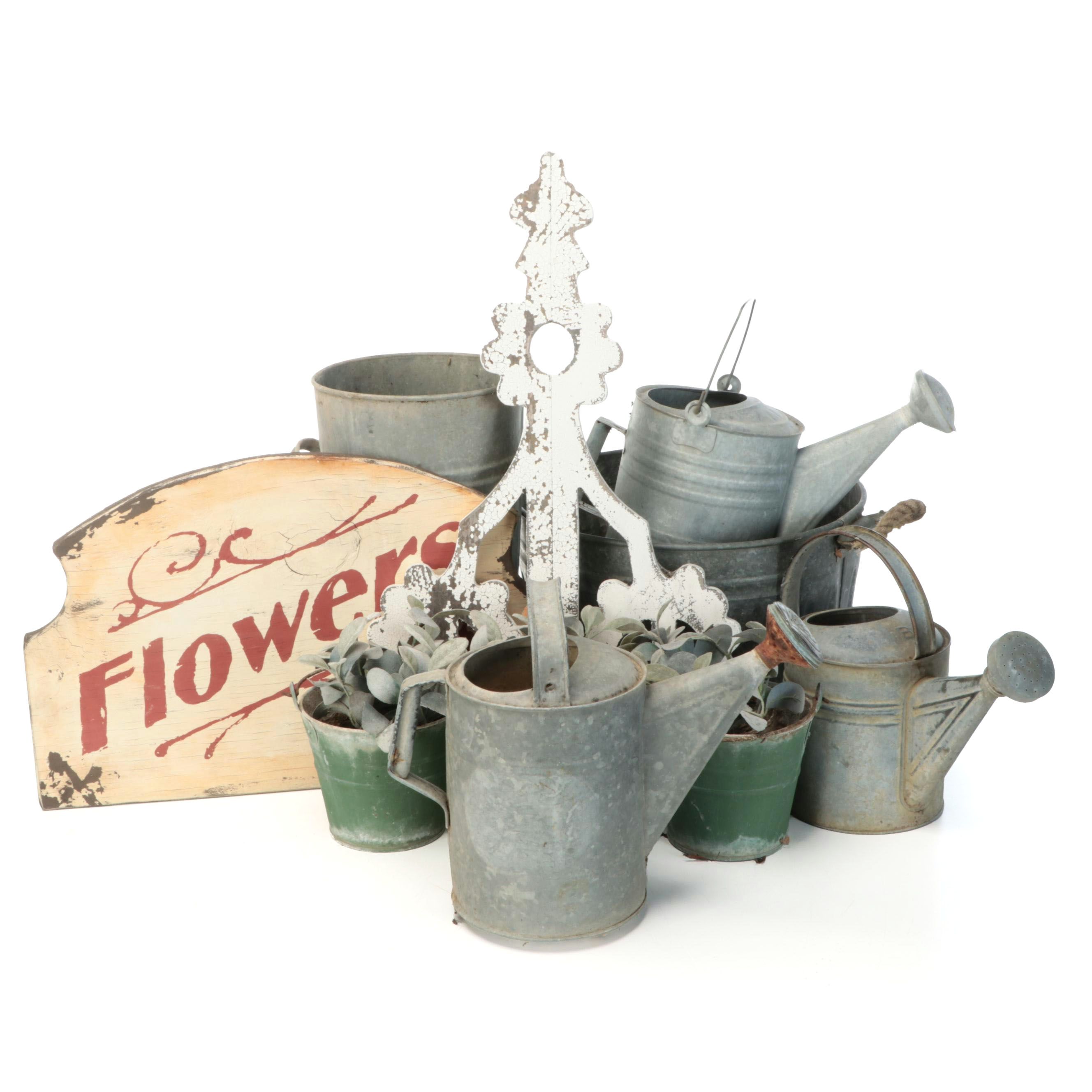 Metal Watering Cans, Wooden "Flowers" Sign, and More Outdoor Décor