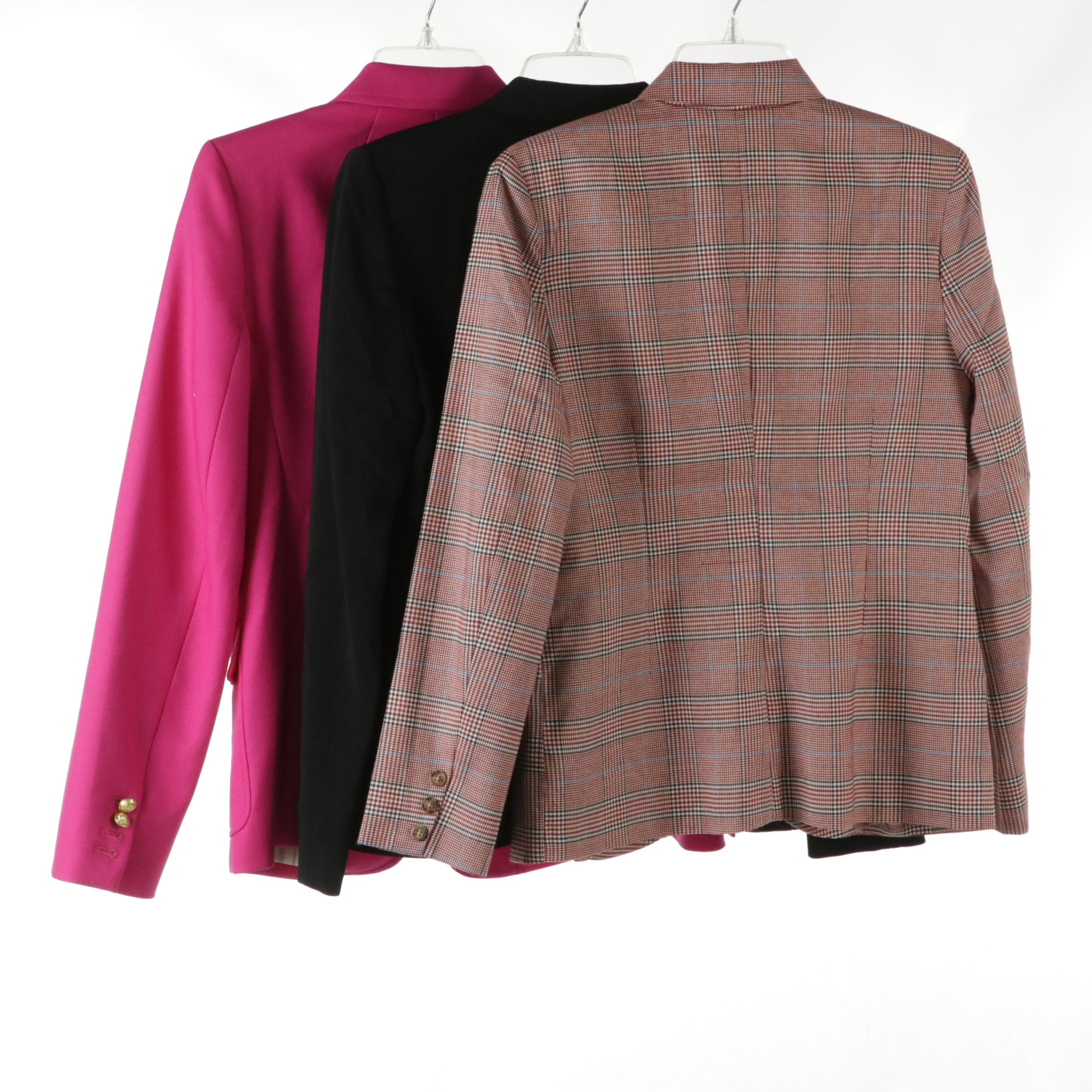 J. Crew Rhodes Pink Wool, BB Dakota Plaid and Topshop Black Blazers