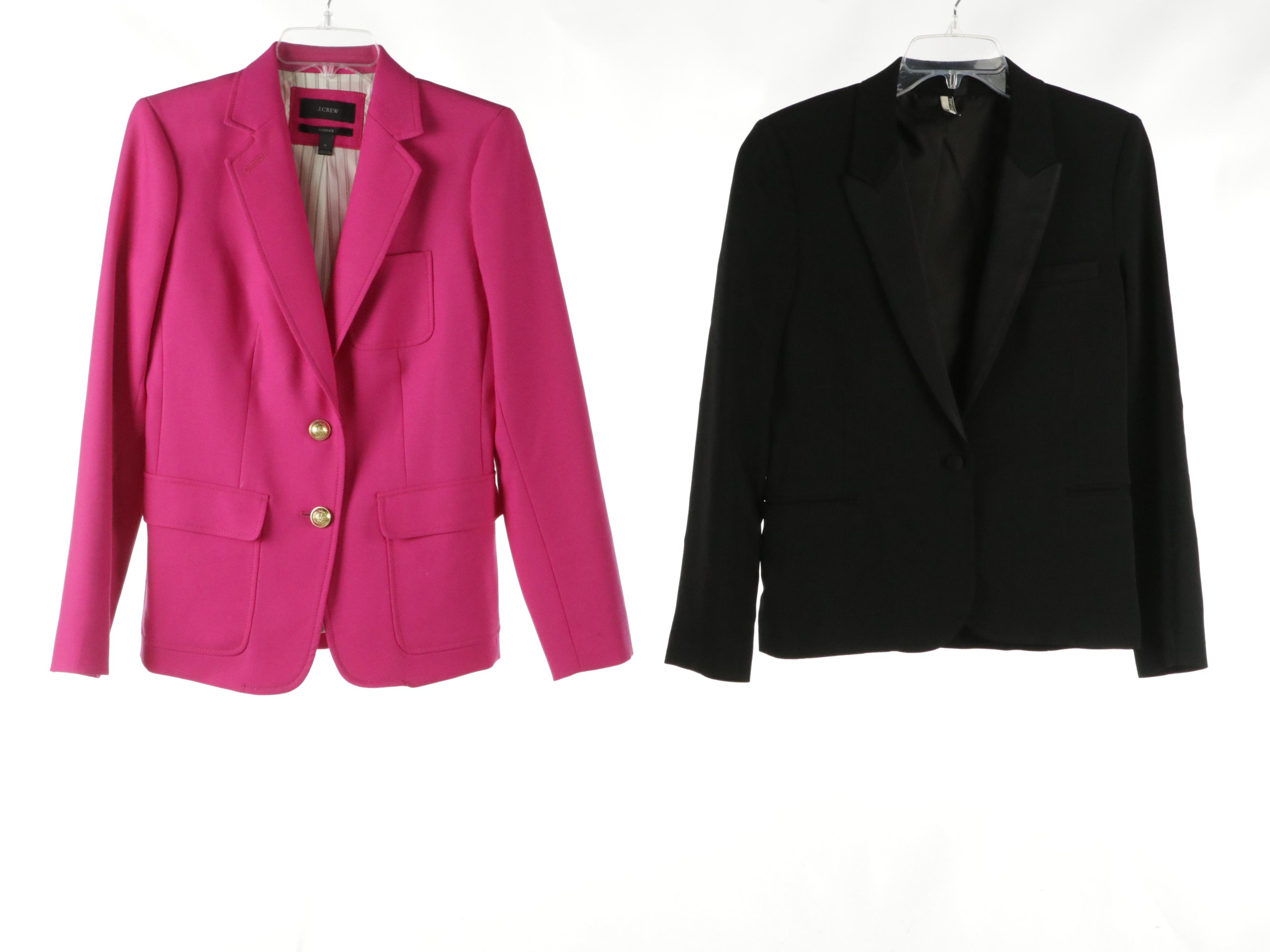 J. Crew Rhodes Pink Wool, BB Dakota Plaid and Topshop Black Blazers