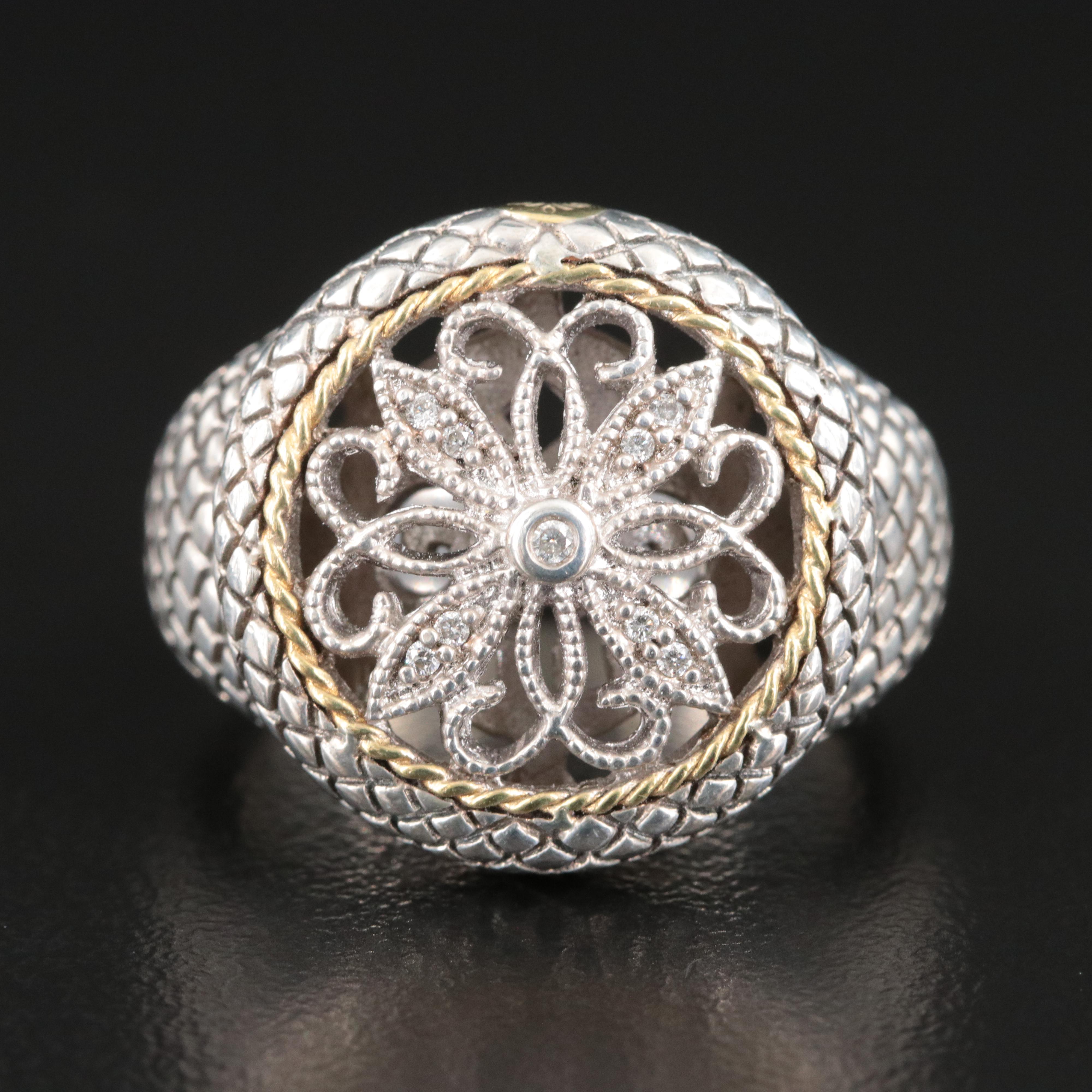 Sterling Diamond Filigree Medallion Ring with 18K Accent