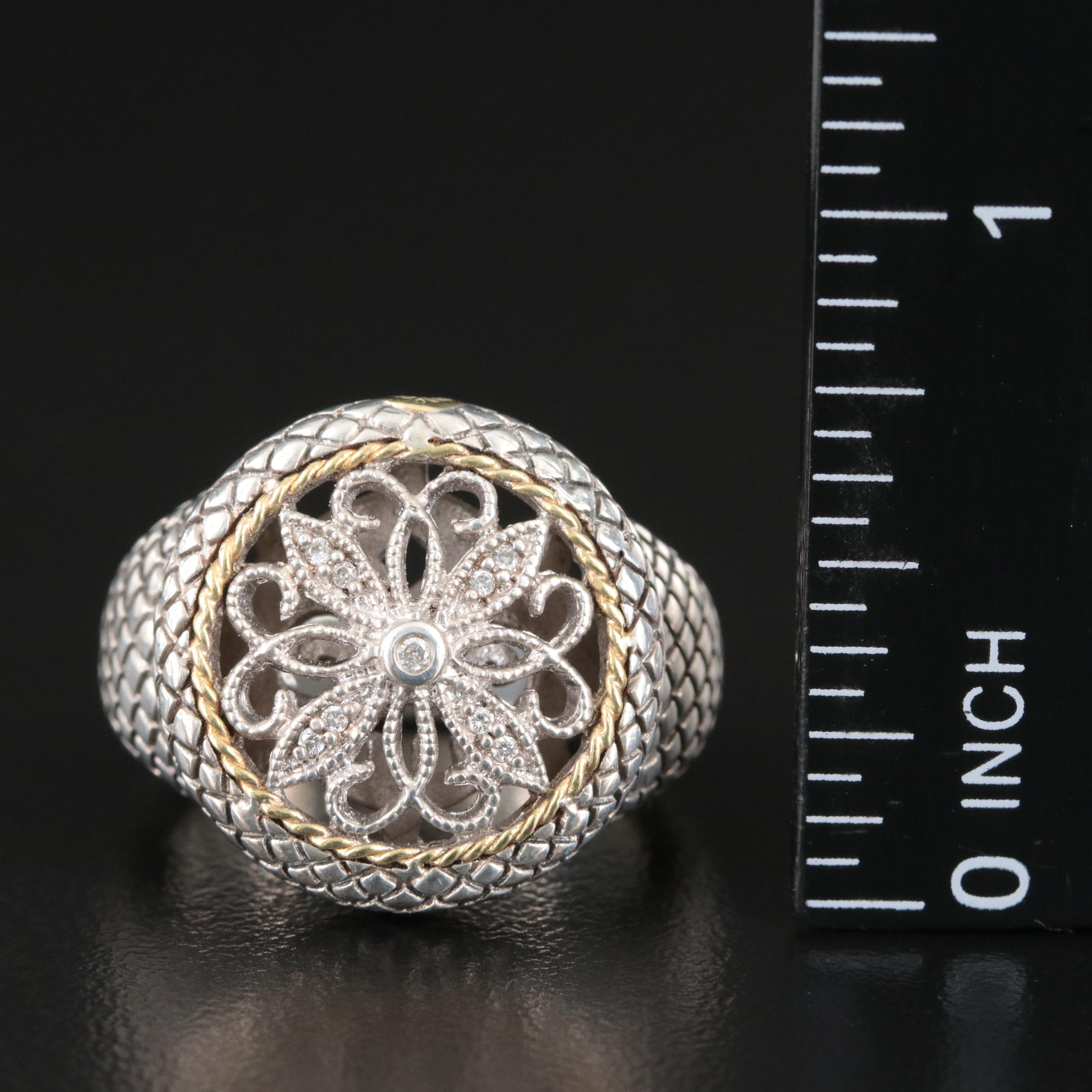 Sterling Diamond Filigree Medallion Ring with 18K Accent