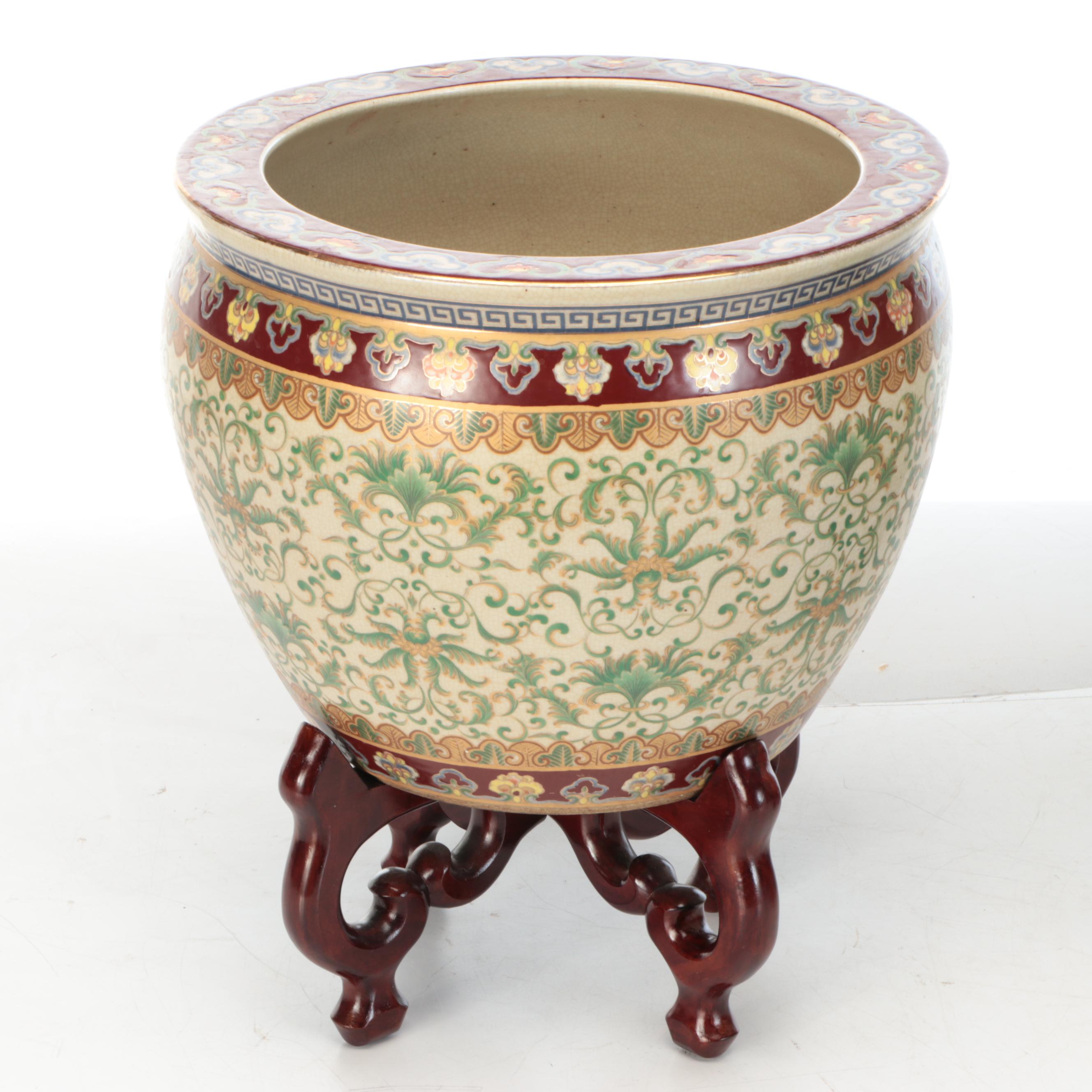 Chinese Porcelain Fishbowl Planters with Wooden Stands