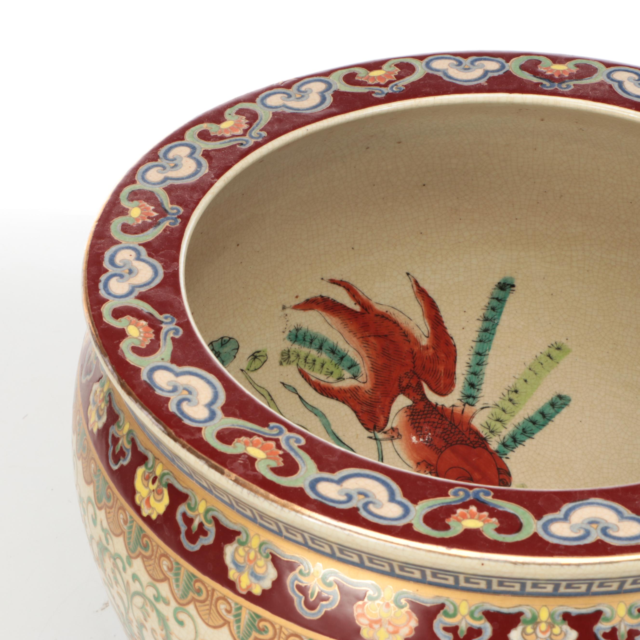 Chinese Porcelain Fishbowl Planters with Wooden Stands