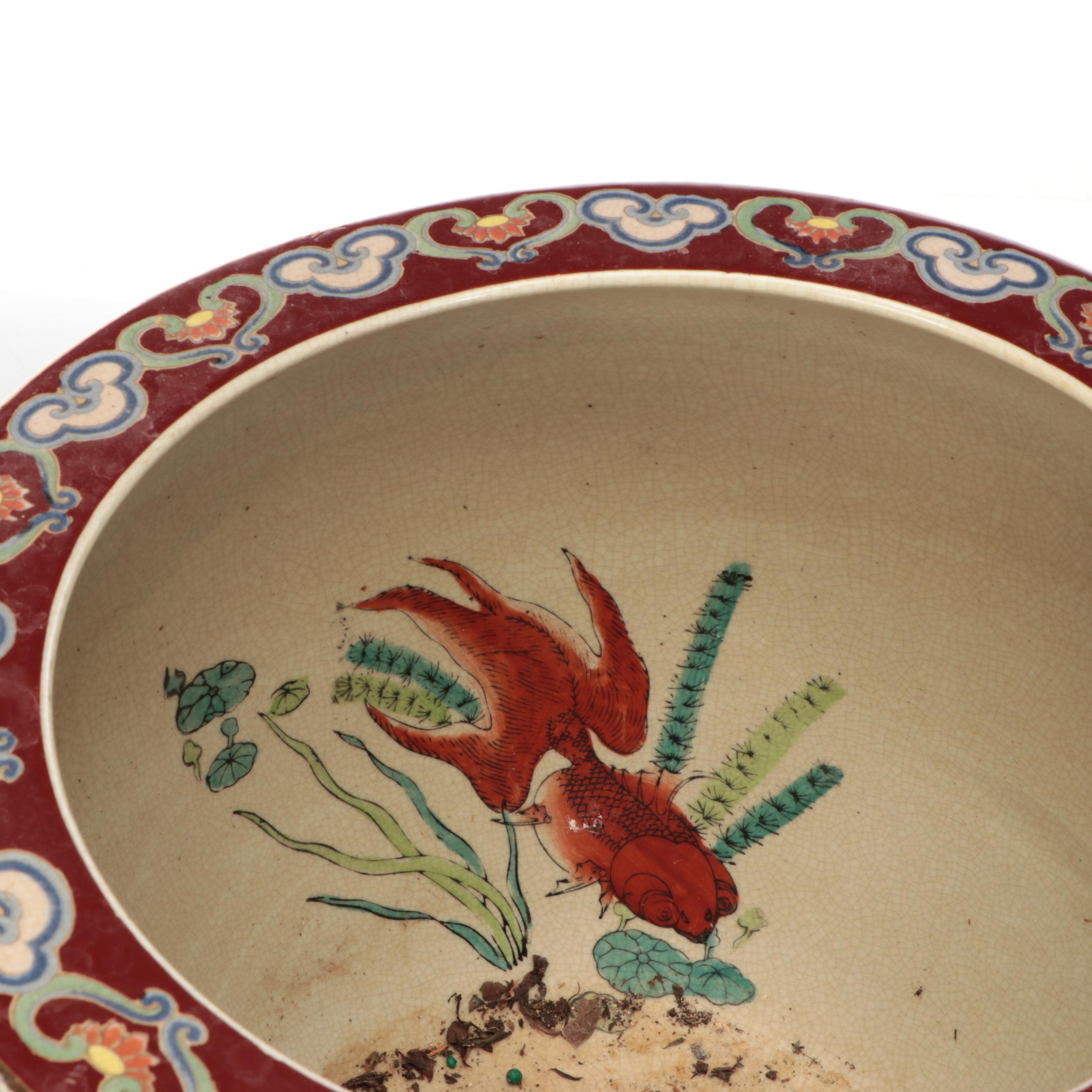 Chinese Porcelain Fishbowl Planters with Wooden Stands