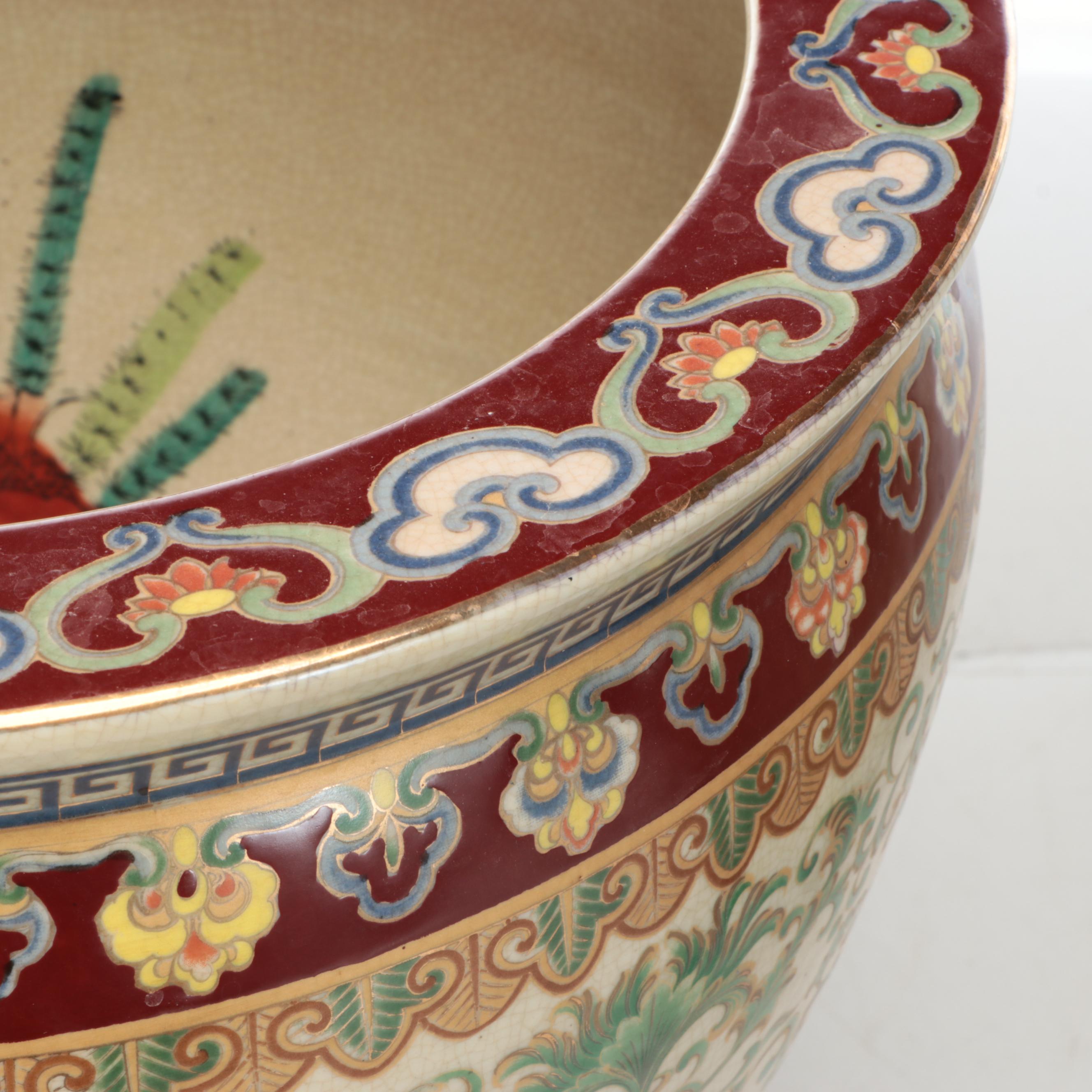 Chinese Porcelain Fishbowl Planters with Wooden Stands