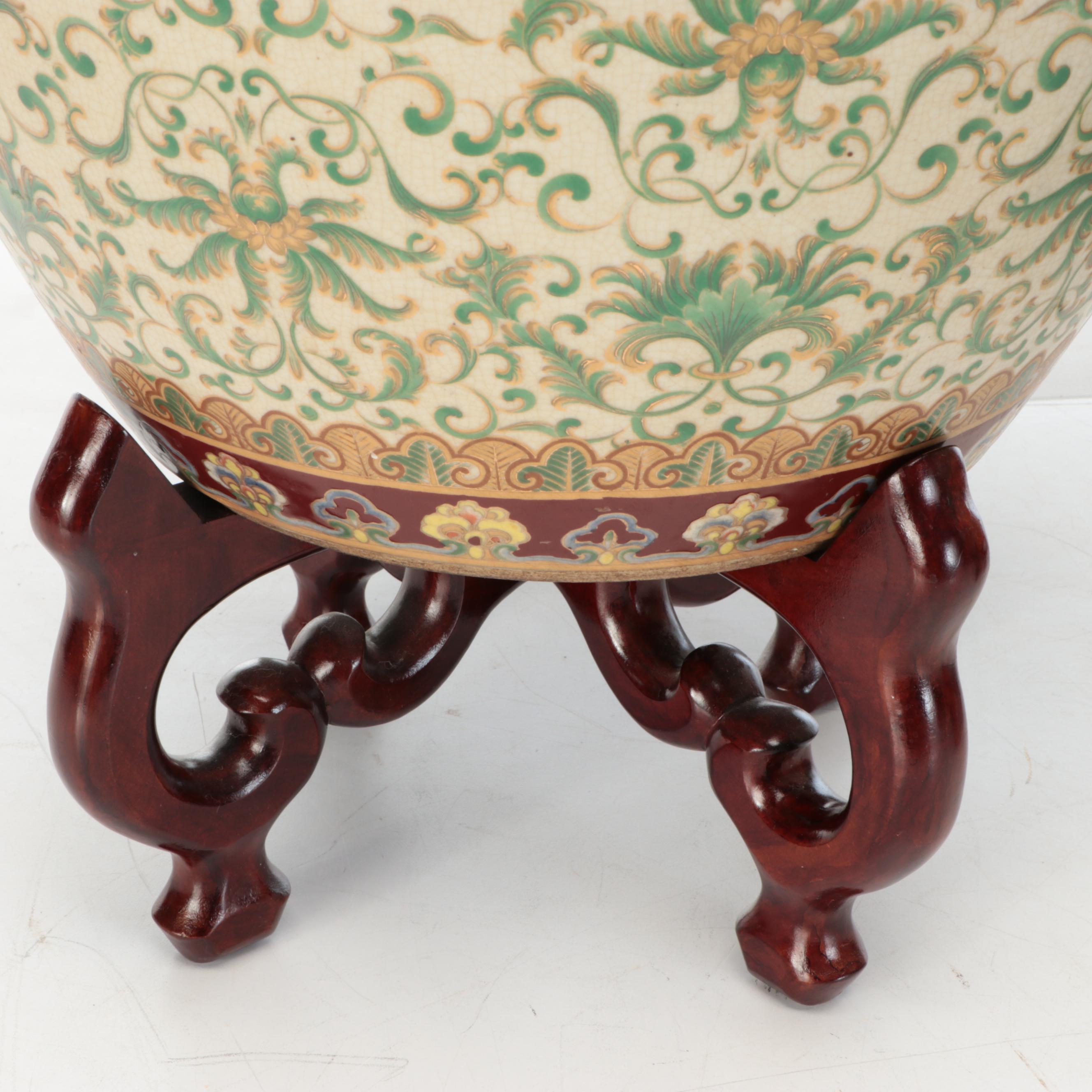 Chinese Porcelain Fishbowl Planters with Wooden Stands