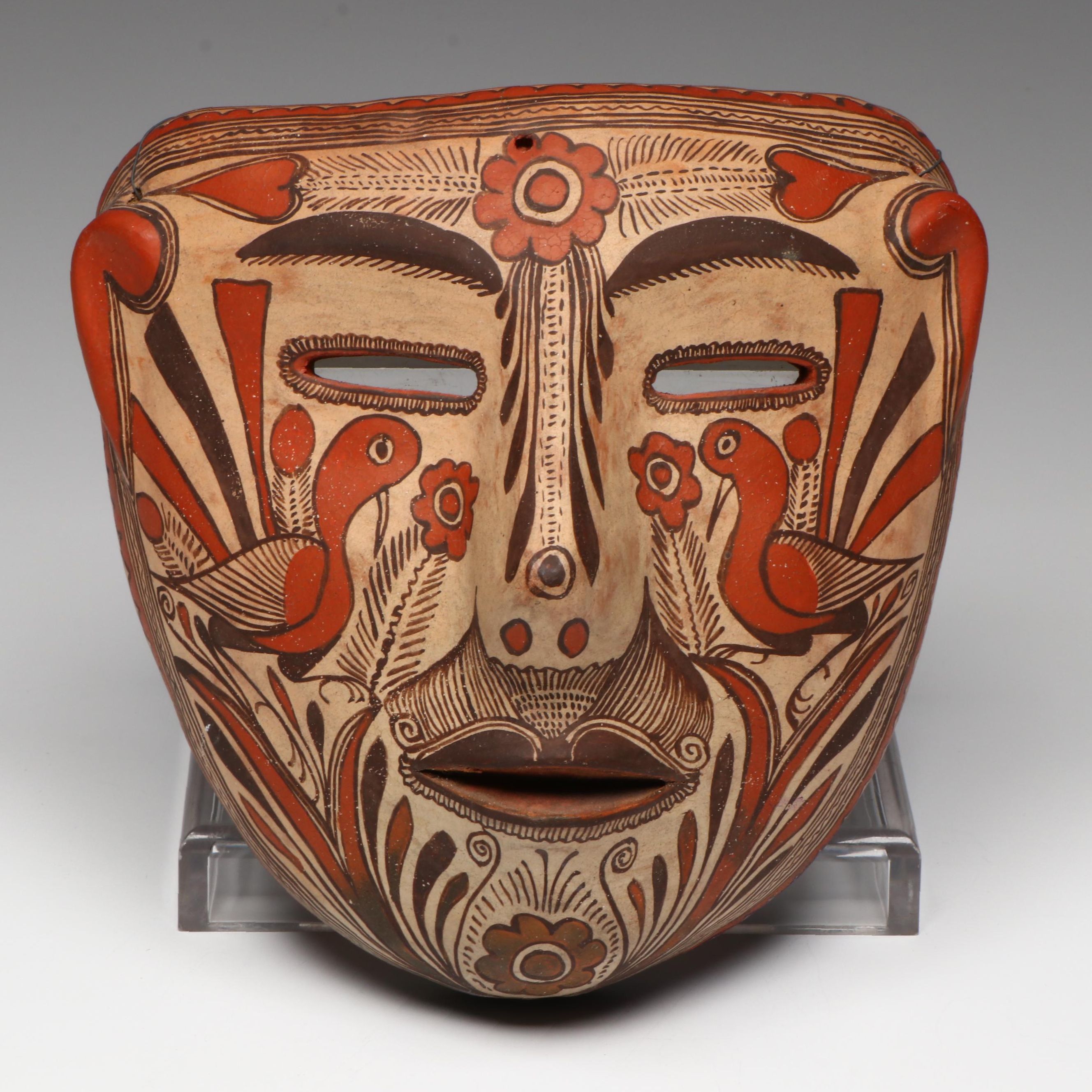 Vintage Mexican Polychrome Painted Pottery Mask