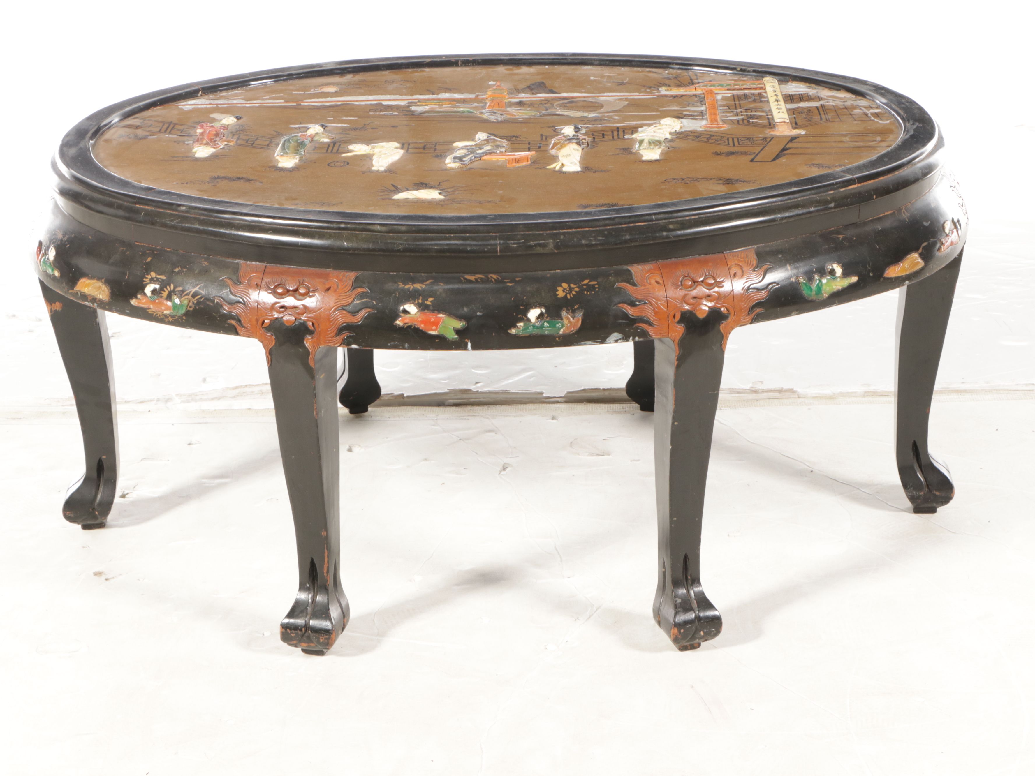 Chinese Hand-Decorated Lacquered Wood Coffee Table and Nesting Stools