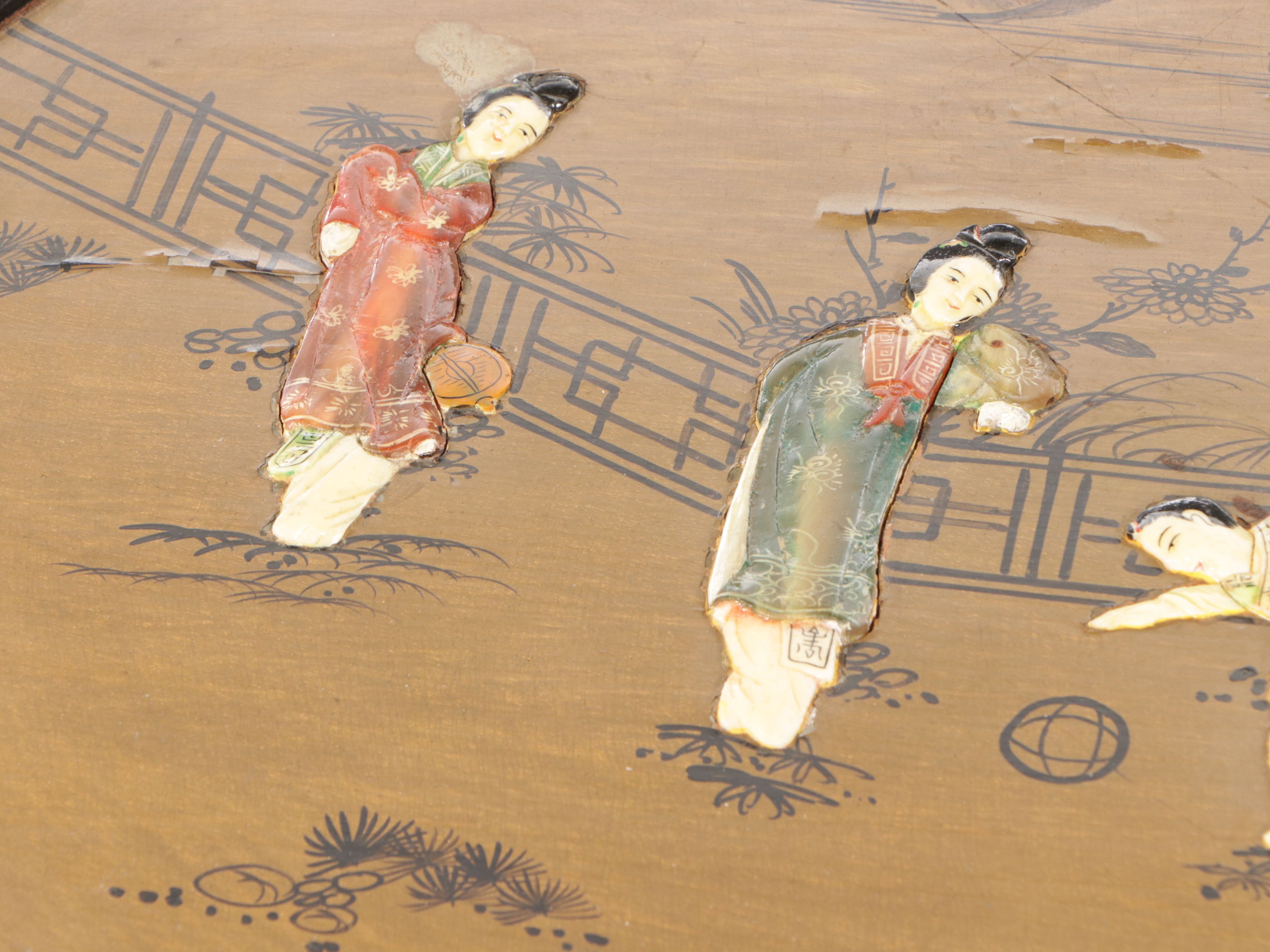 Chinese Hand-Decorated Lacquered Wood Coffee Table and Nesting Stools