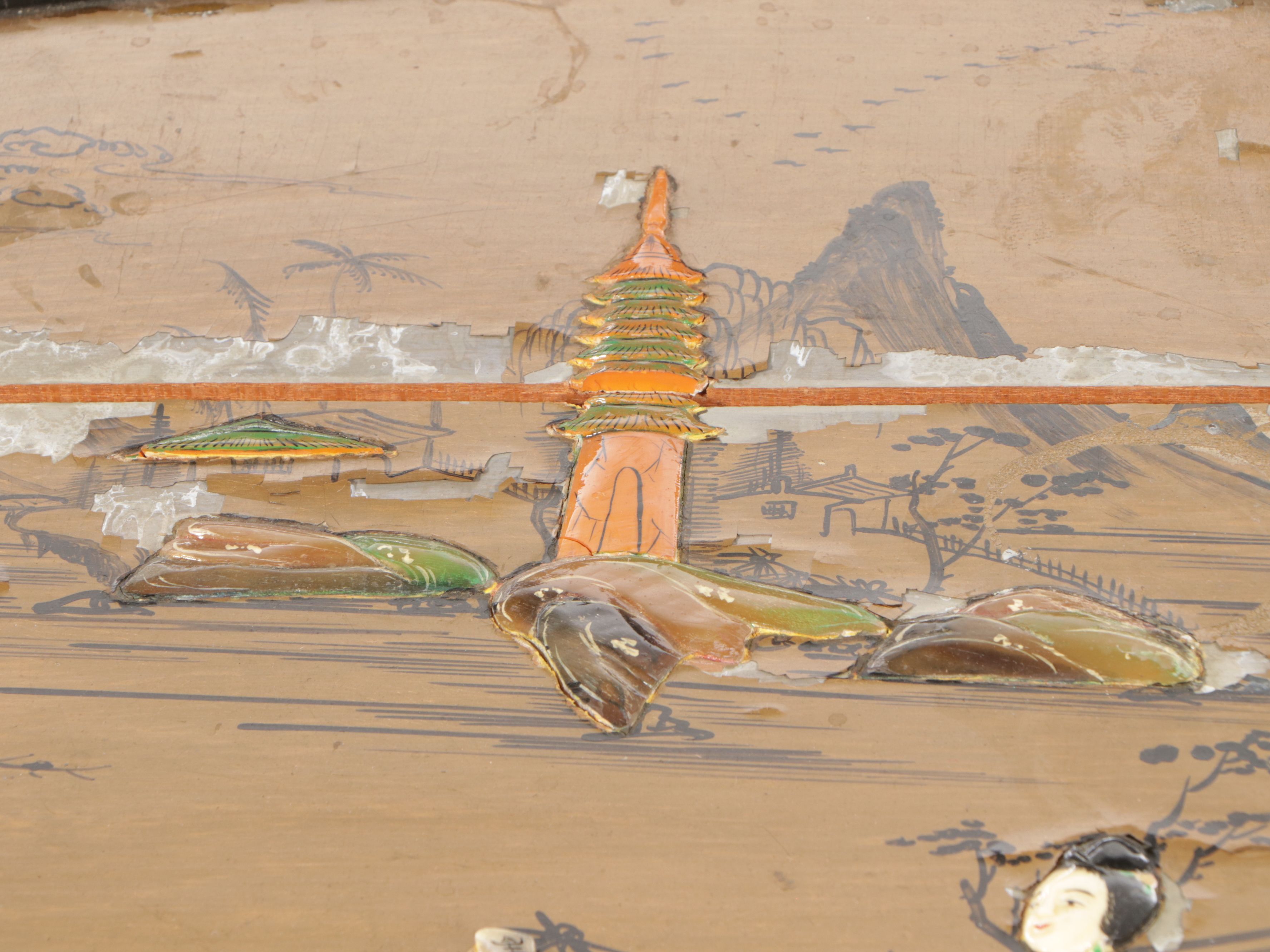 Chinese Hand-Decorated Lacquered Wood Coffee Table and Nesting Stools