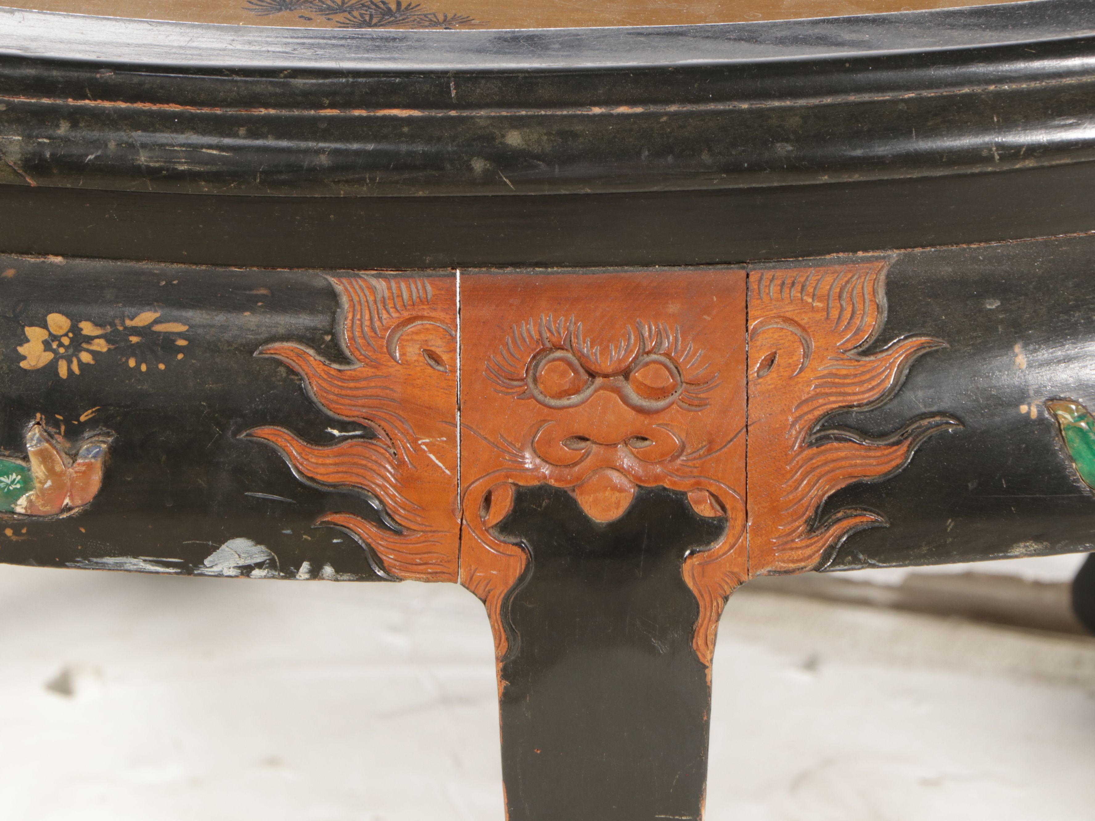 Chinese Hand-Decorated Lacquered Wood Coffee Table and Nesting Stools