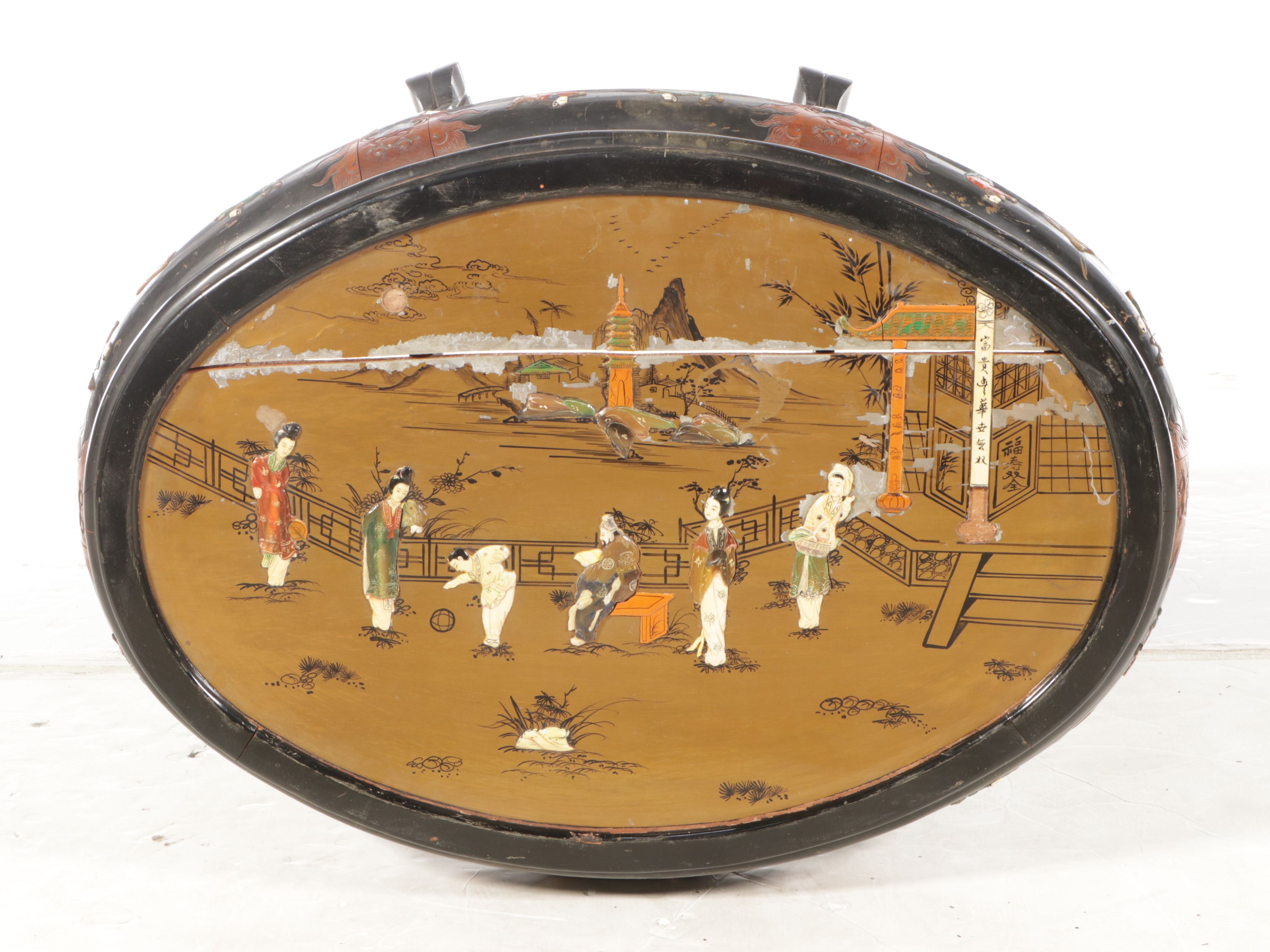 Chinese Hand-Decorated Lacquered Wood Coffee Table and Nesting Stools