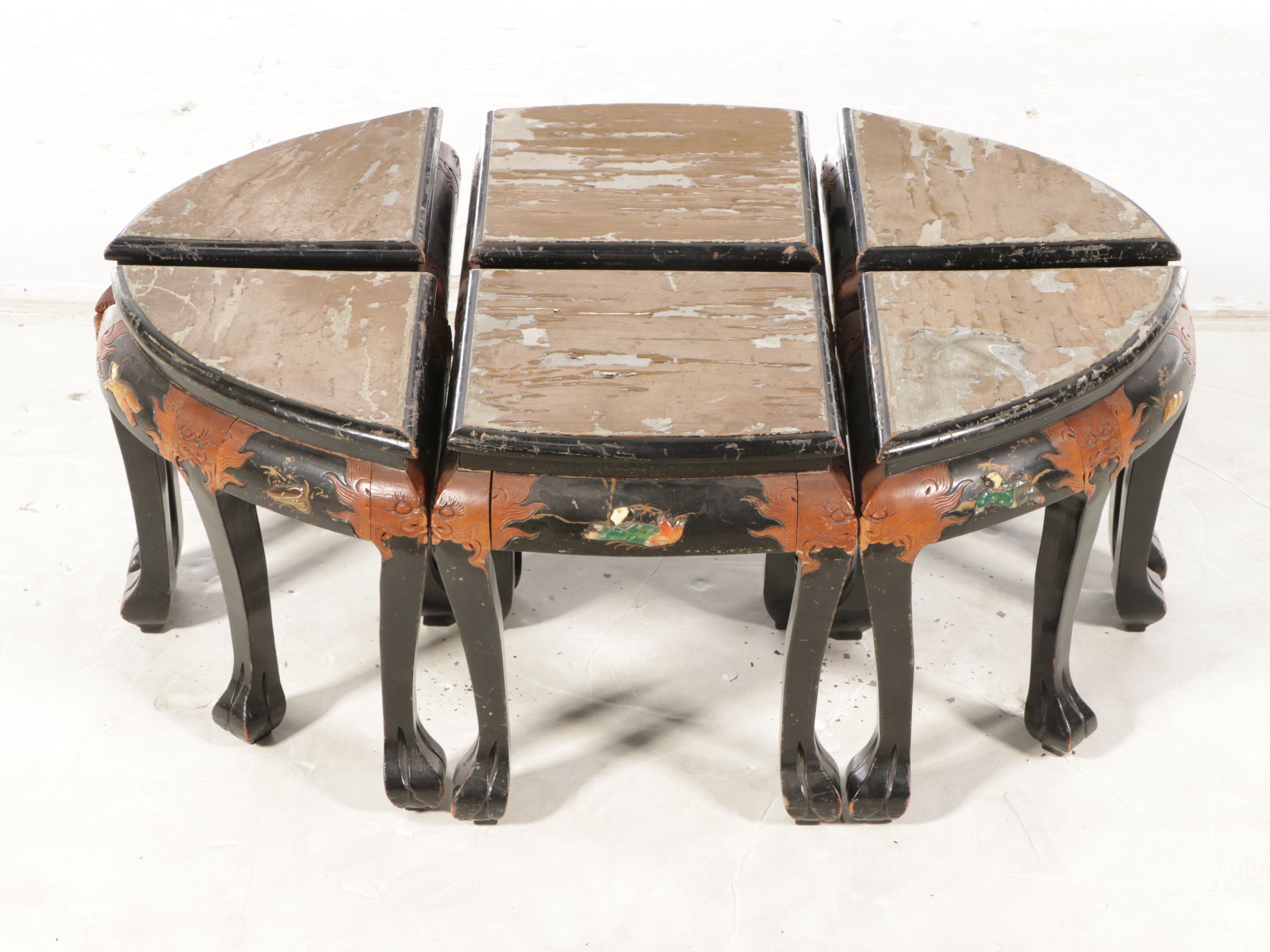 Chinese Hand-Decorated Lacquered Wood Coffee Table and Nesting Stools