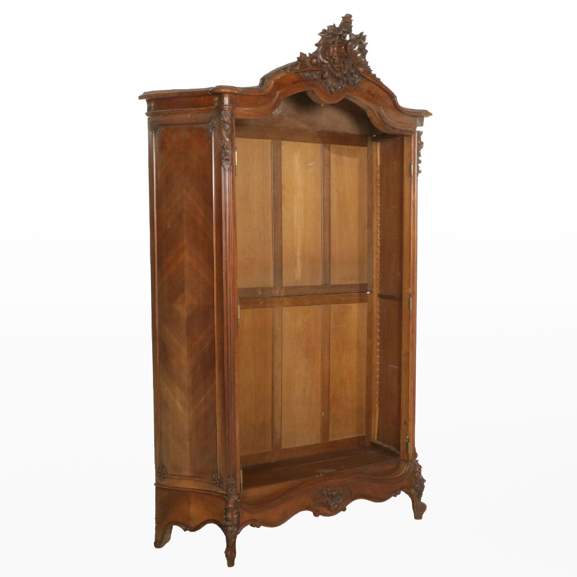Louis XV Style Walnut Knockdown Armoire with Carved Rococo Cartouche