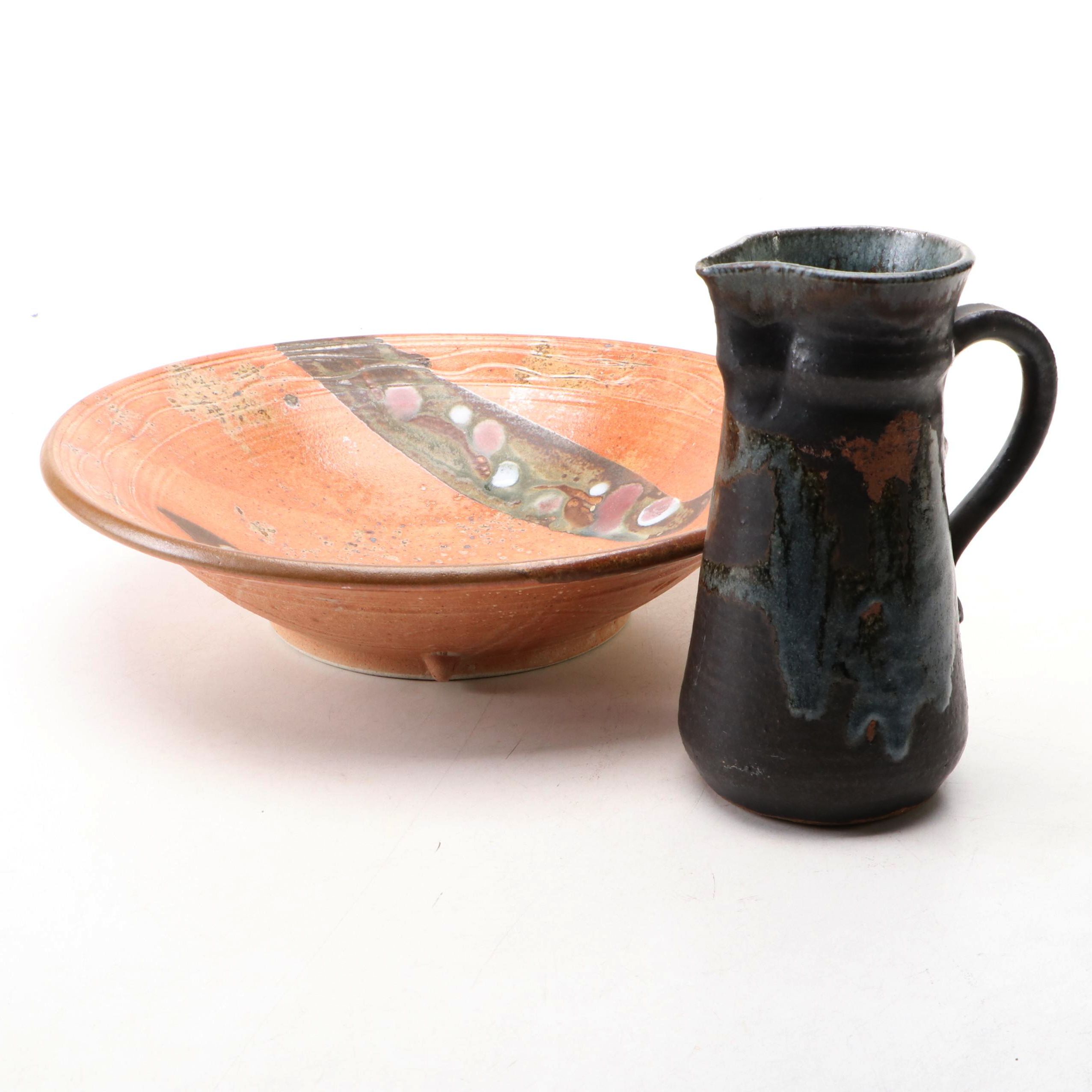 Artisan Made Wheel Thrown Ceramic Pitcher and Bowl
