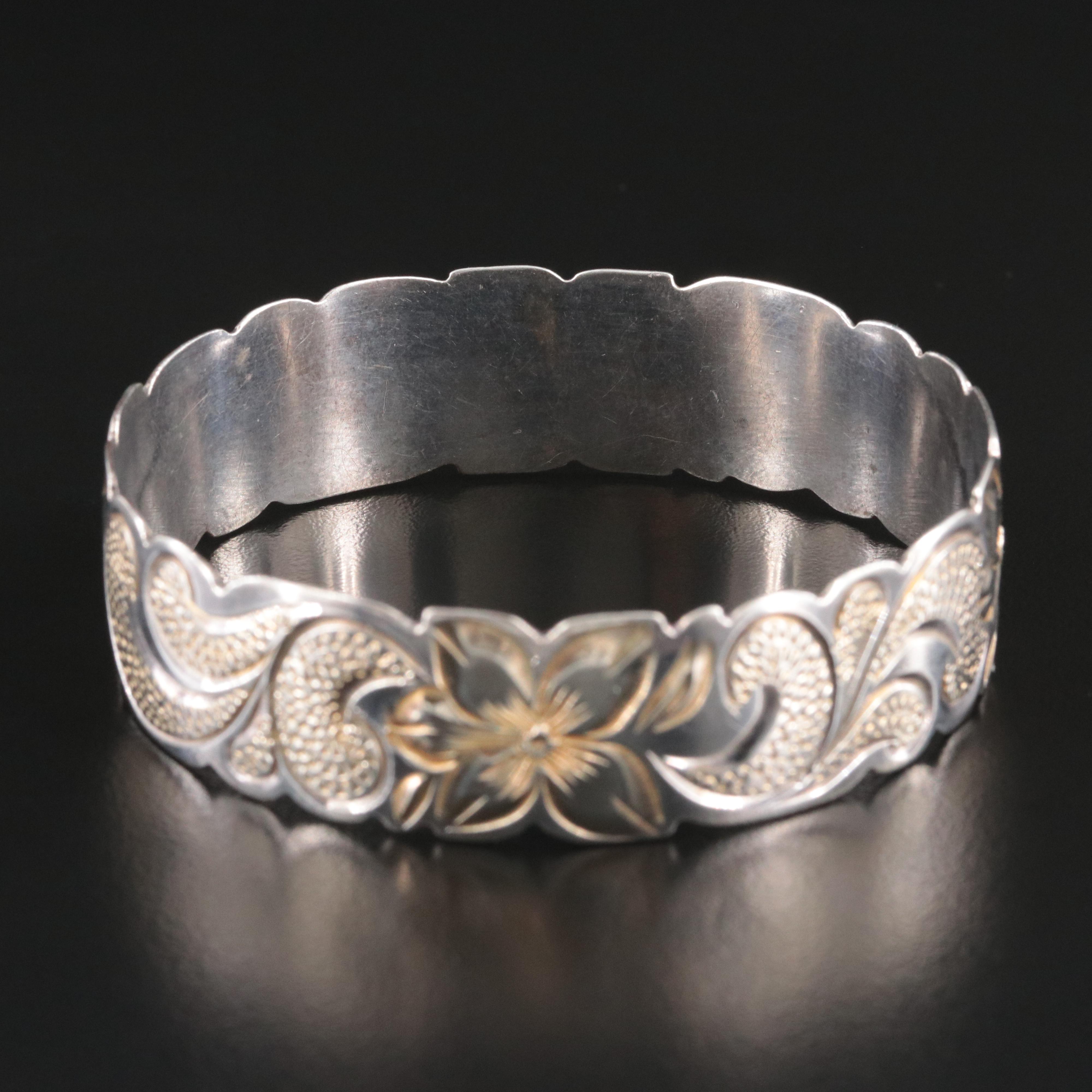 Sterling Etched Flower Bangle