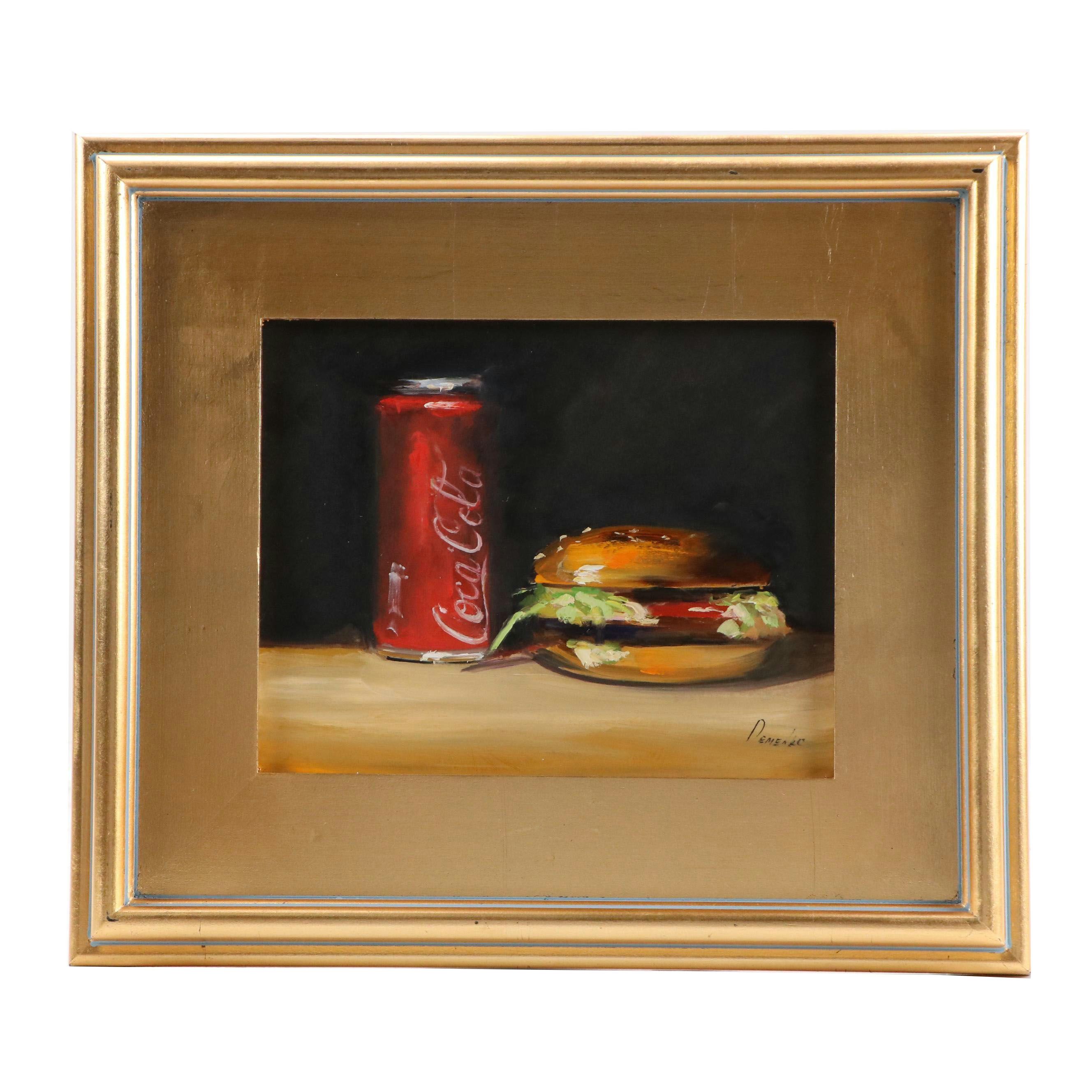 Natalia Demenko Still Life Oil Painting of Coca-Cola Can and Burger, 21st C
