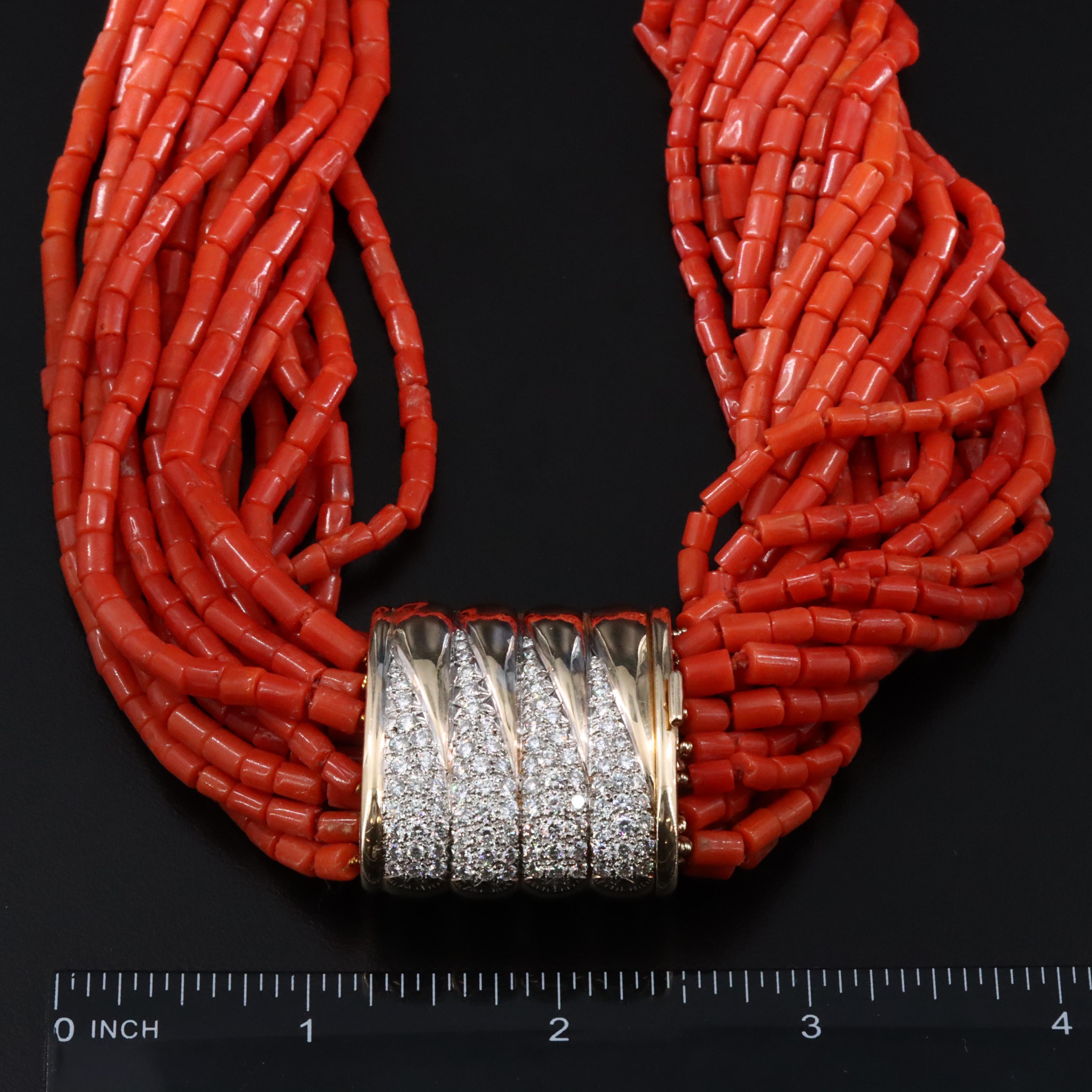 14K Coral and 6.23 CTW Diamond Torsade Necklace and Bracelet Set