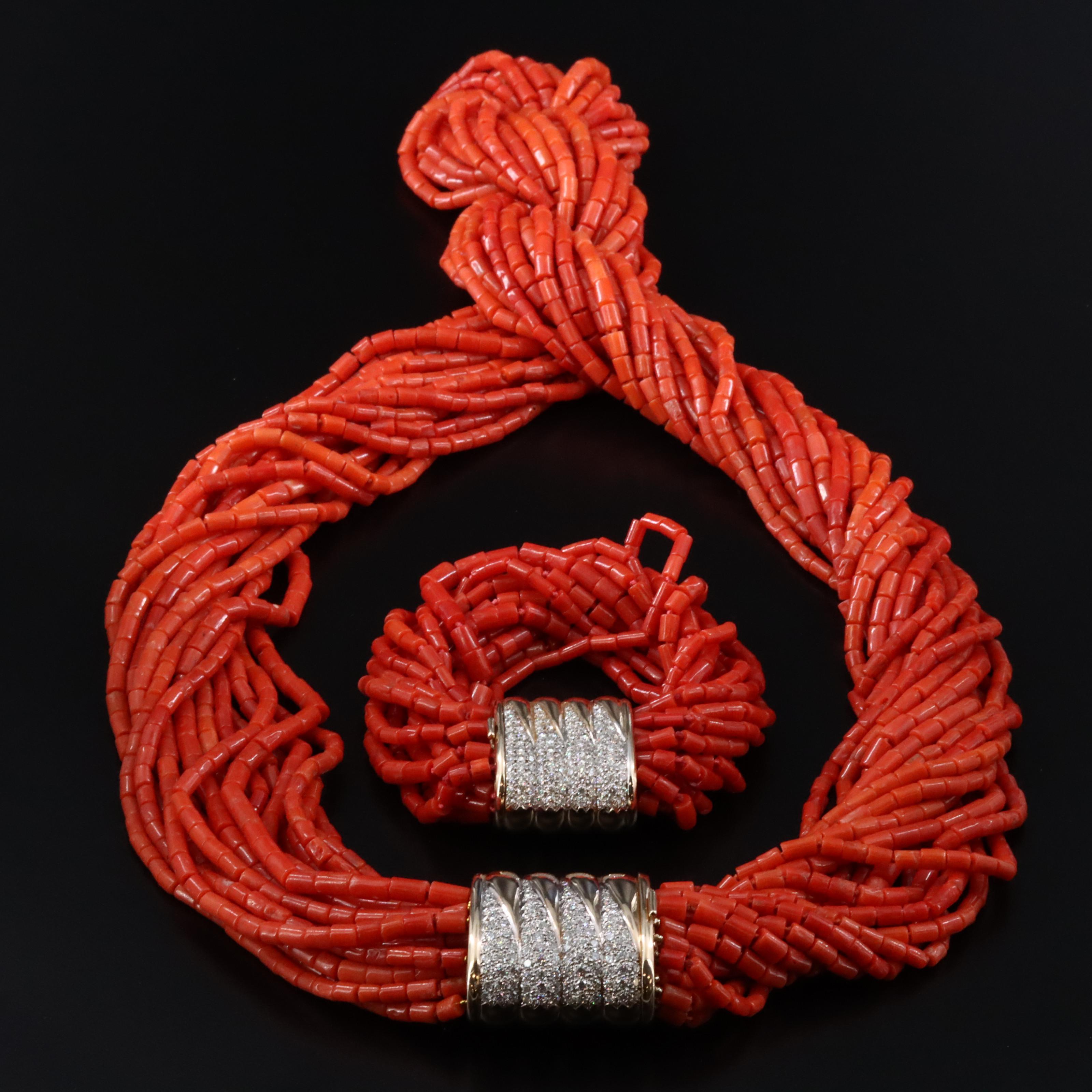 14K Coral and 6.23 CTW Diamond Torsade Necklace and Bracelet Set