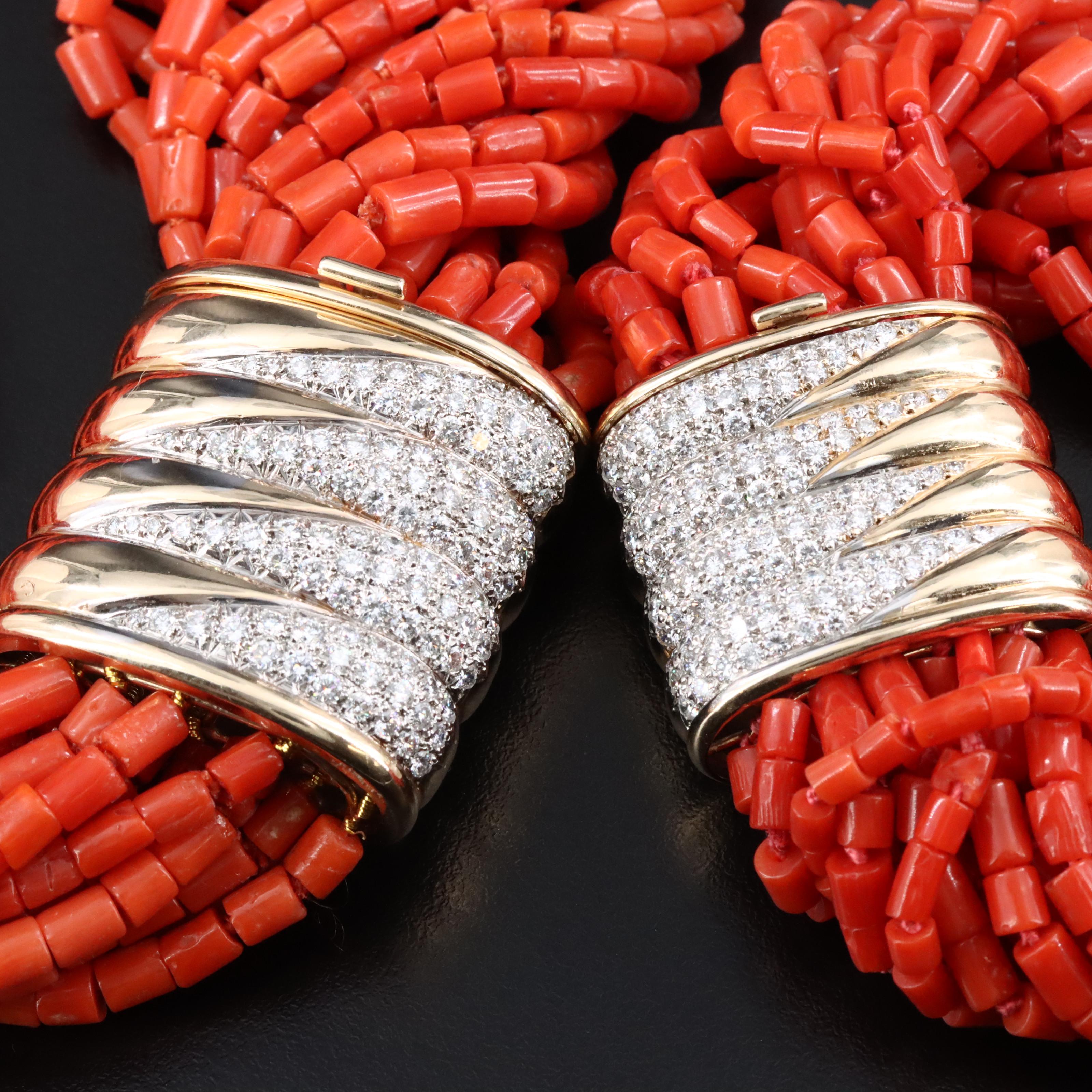 14K Coral and 6.23 CTW Diamond Torsade Necklace and Bracelet Set