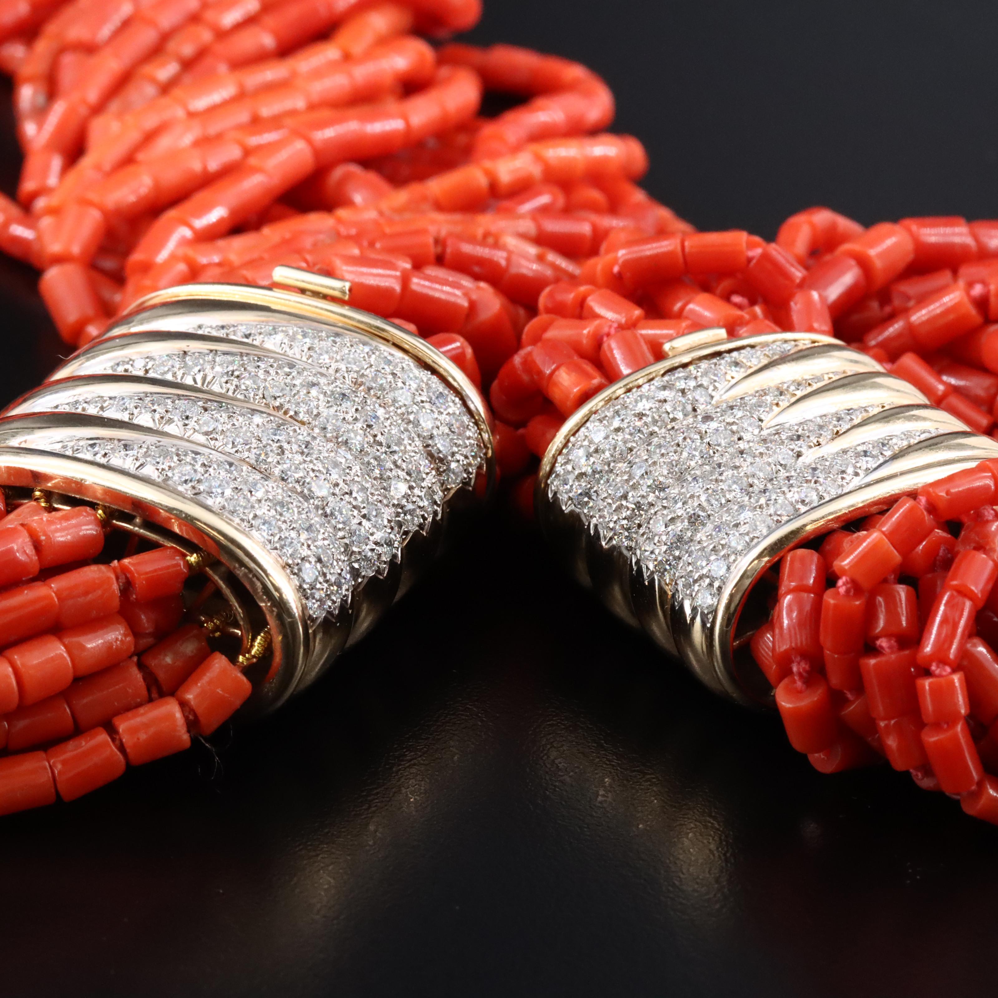 14K Coral and 6.23 CTW Diamond Torsade Necklace and Bracelet Set