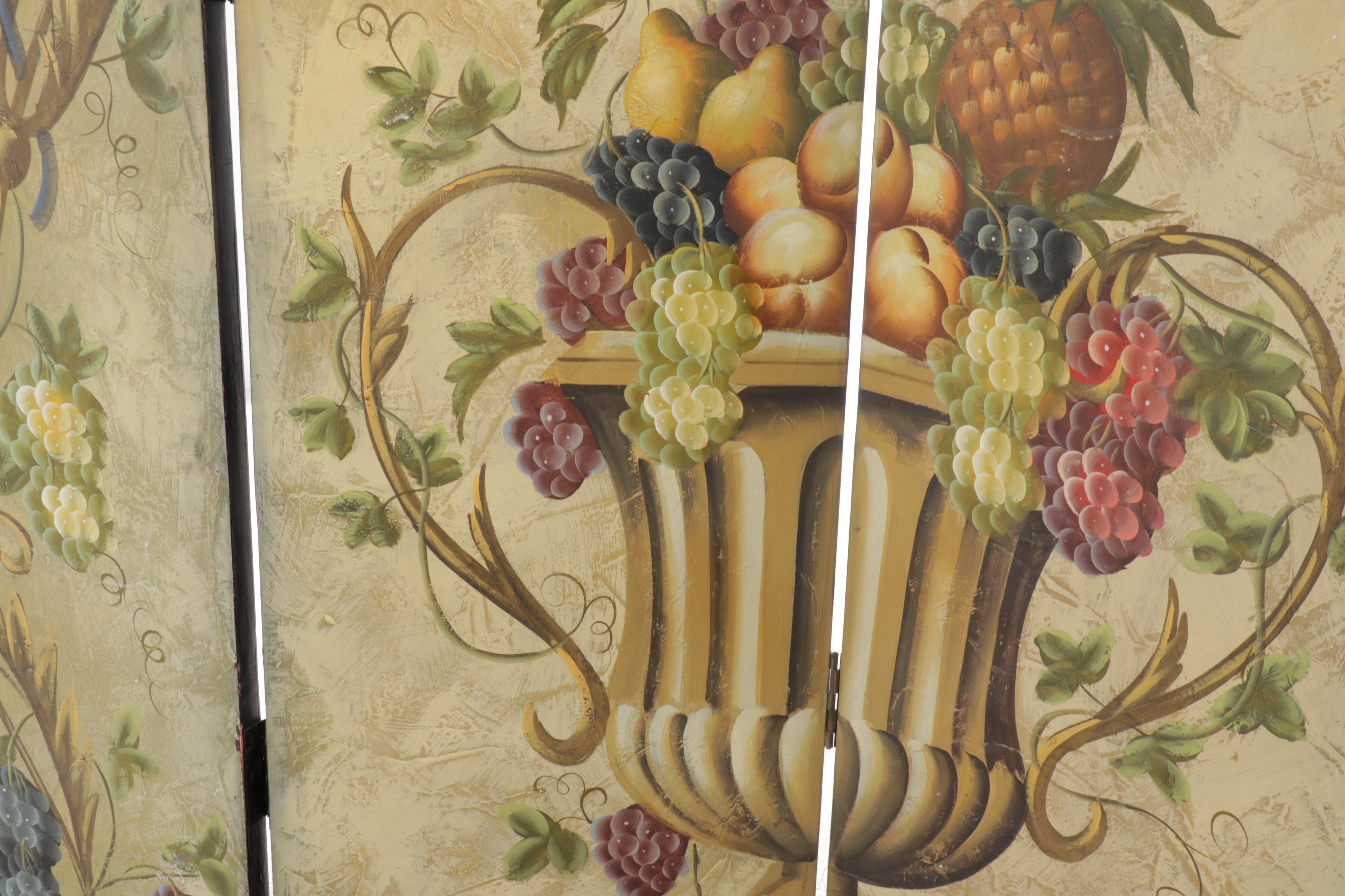 Hand-Painted Wood Four-Panel Round Folding Room Screen