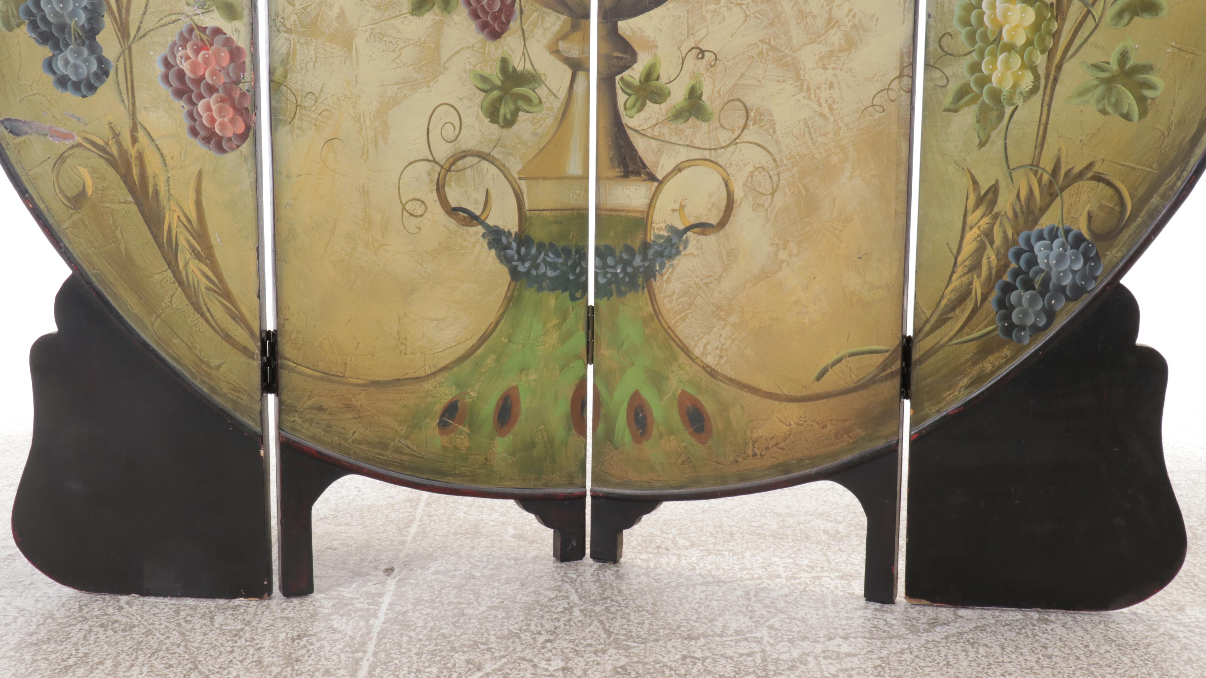 Hand-Painted Wood Four-Panel Round Folding Room Screen