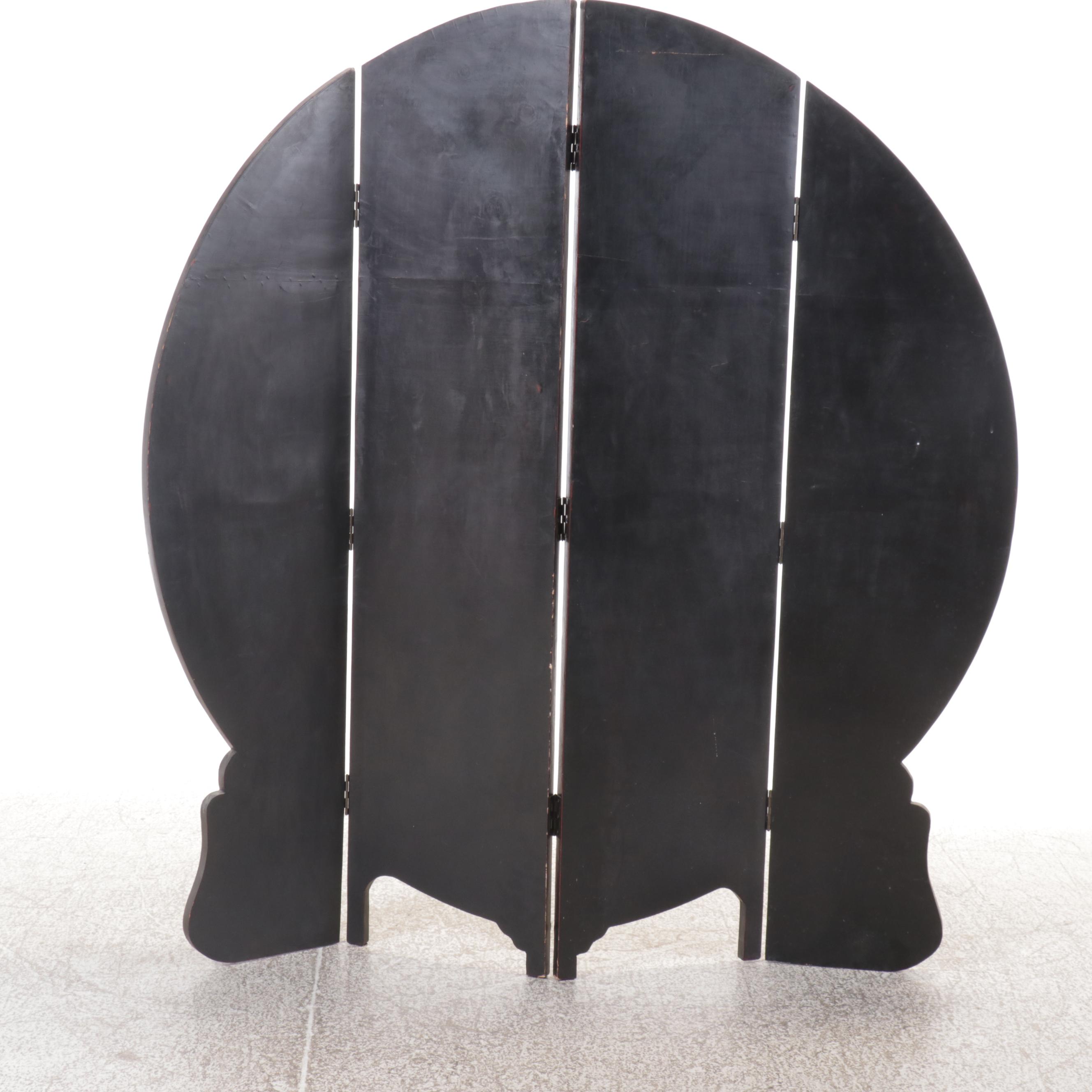 Hand-Painted Wood Four-Panel Round Folding Room Screen
