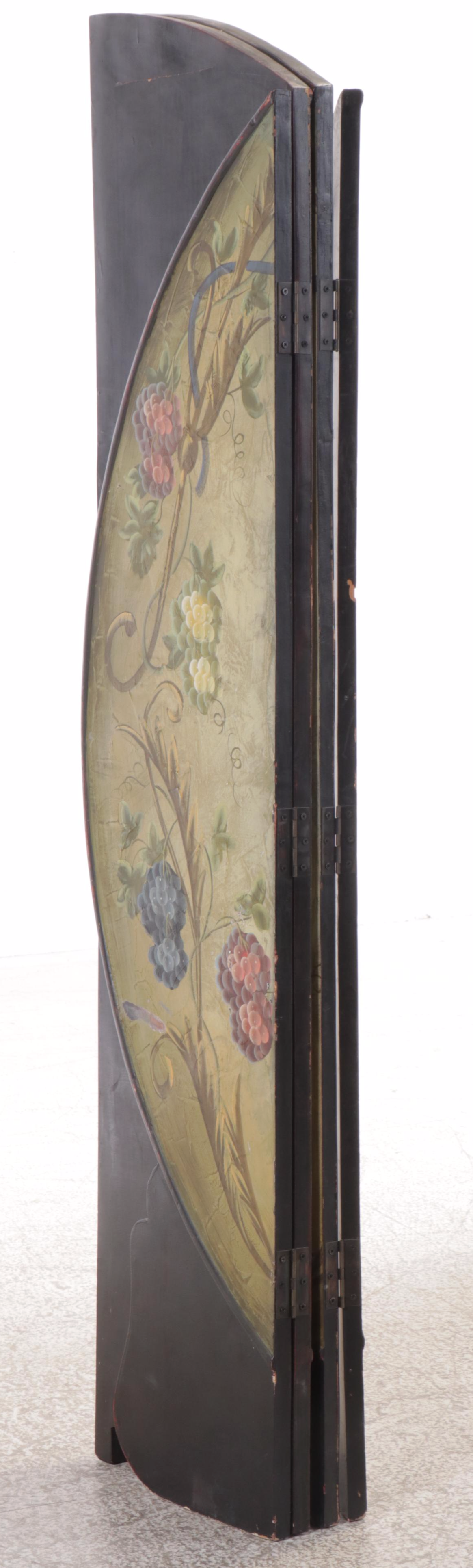 Hand-Painted Wood Four-Panel Round Folding Room Screen