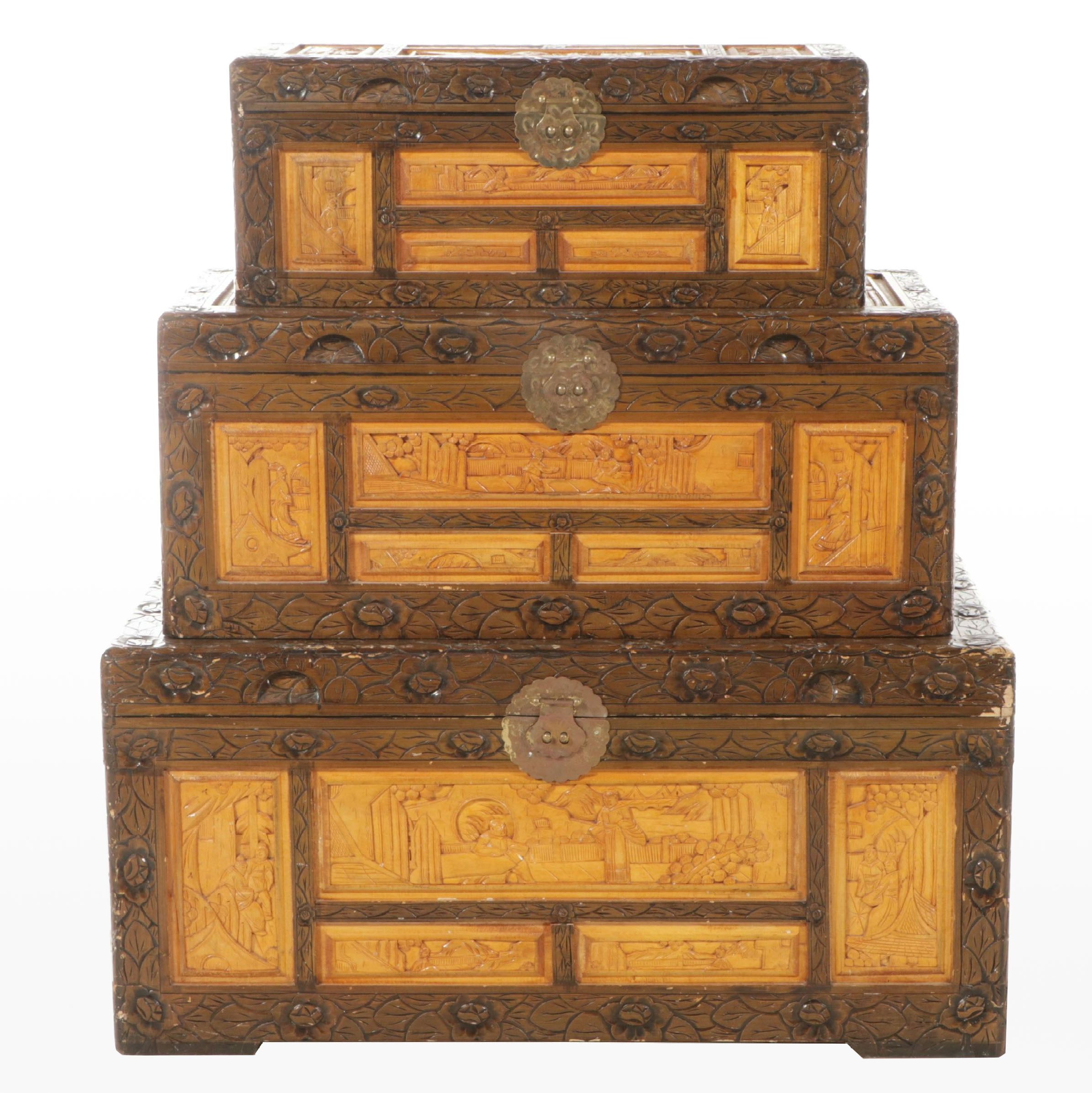 Three Graduated Chinese Style Carved Tropical Hardwood Chests