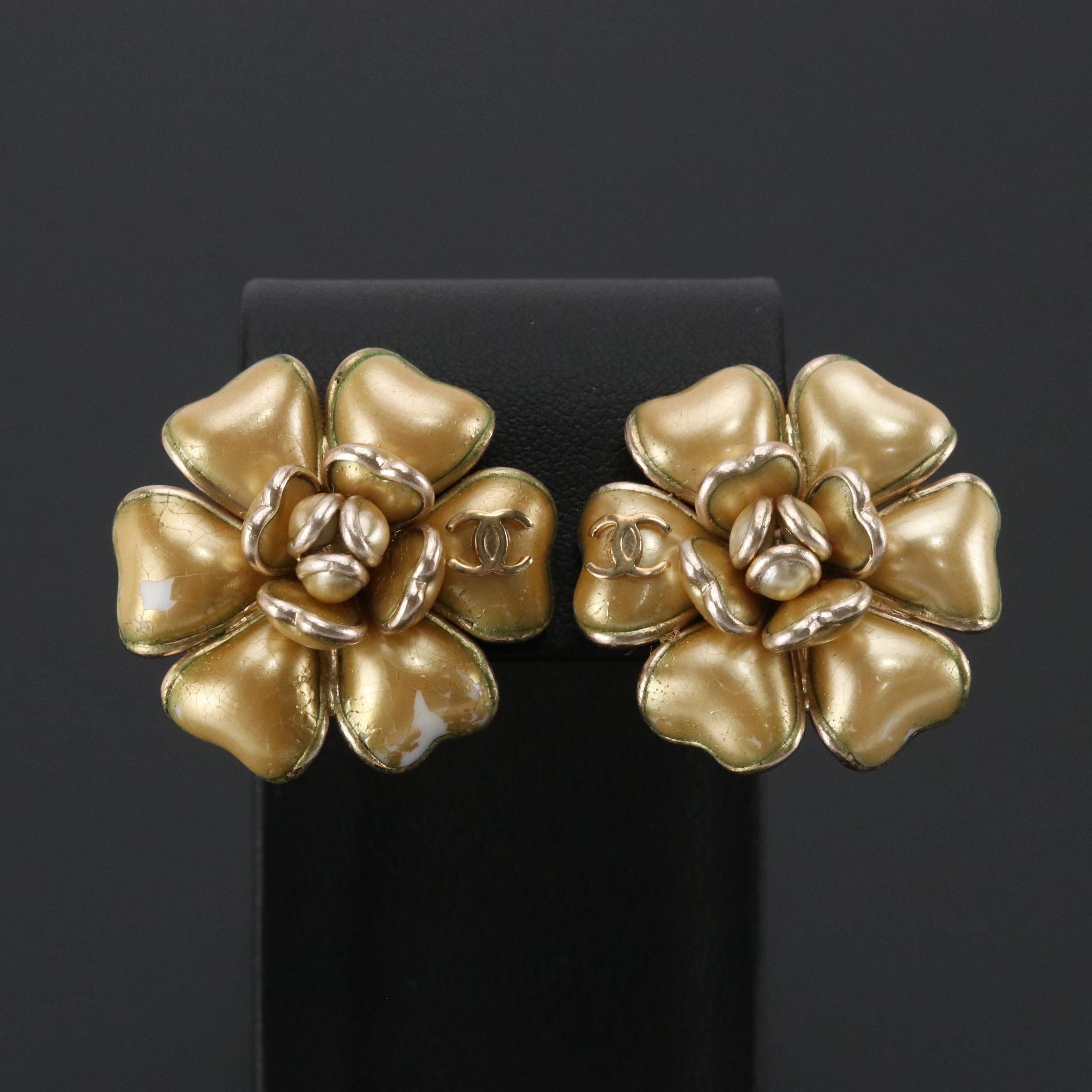 Chanel CC Camellia Enamel Clip Earrings