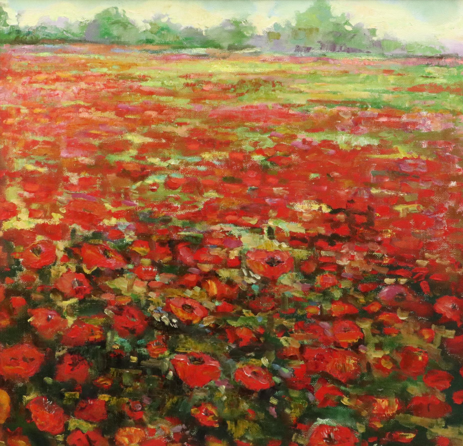 Russian School Impressionist Style Oil Paint of Field of Red Flowers