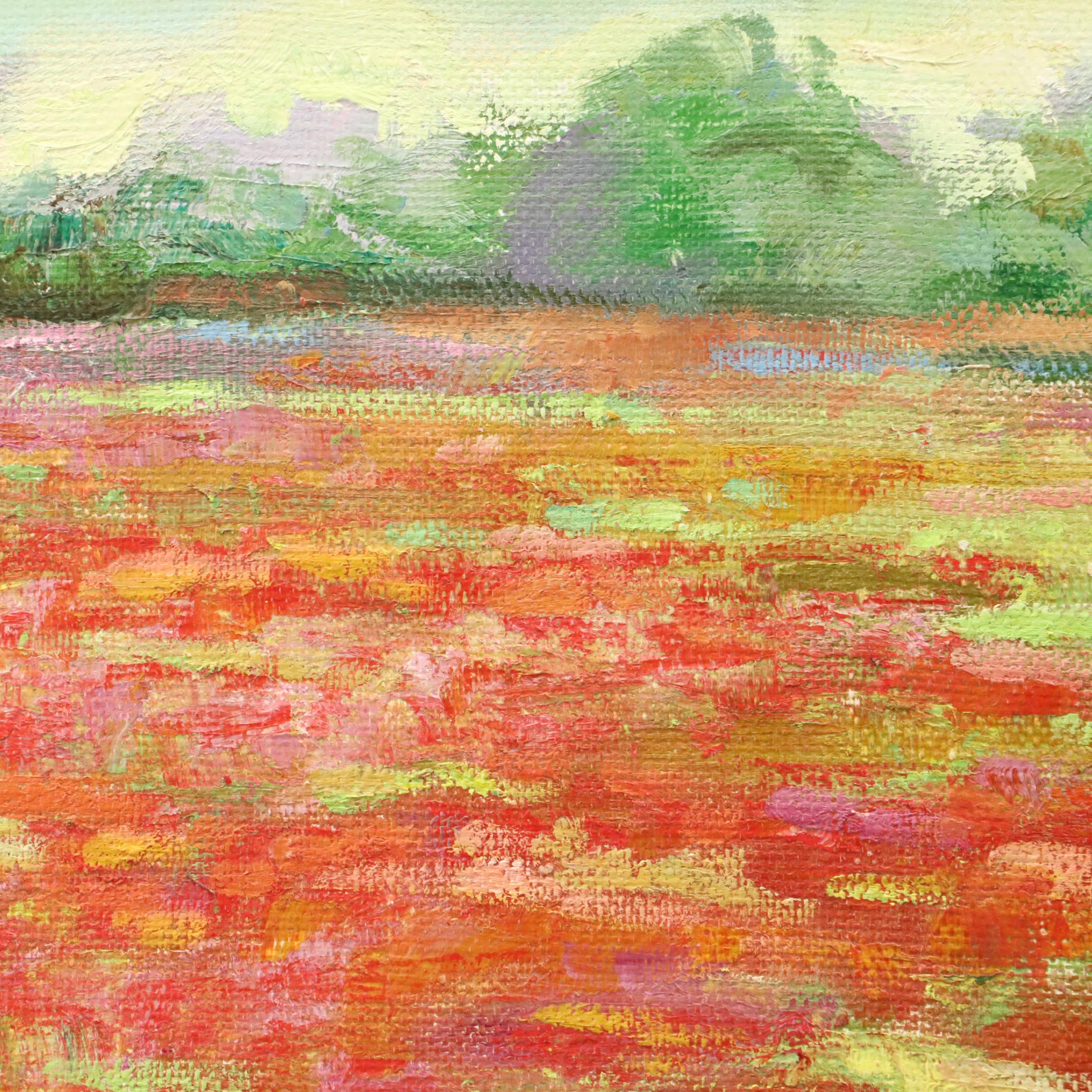 Russian School Impressionist Style Oil Paint of Field of Red Flowers