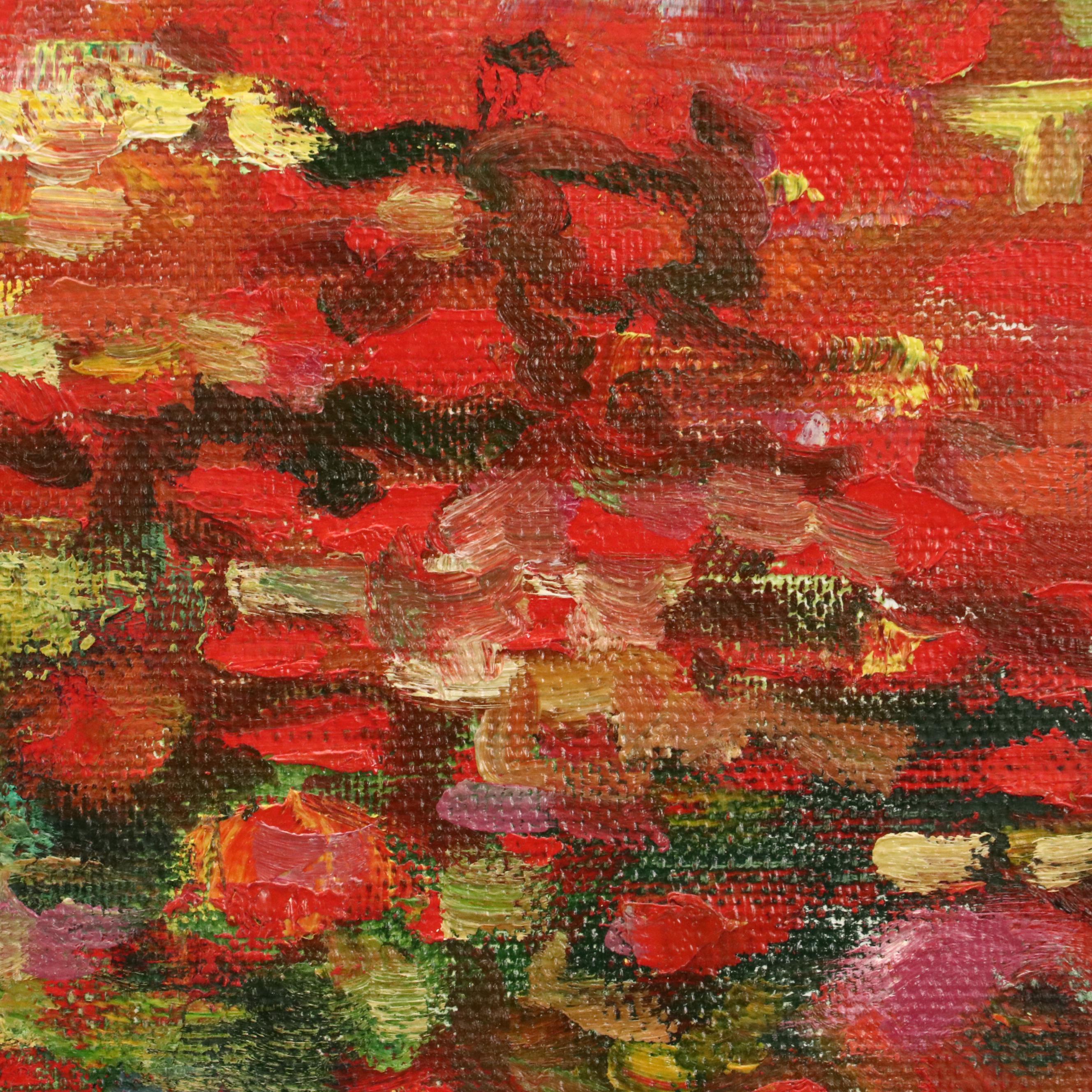 Russian School Impressionist Style Oil Paint of Field of Red Flowers