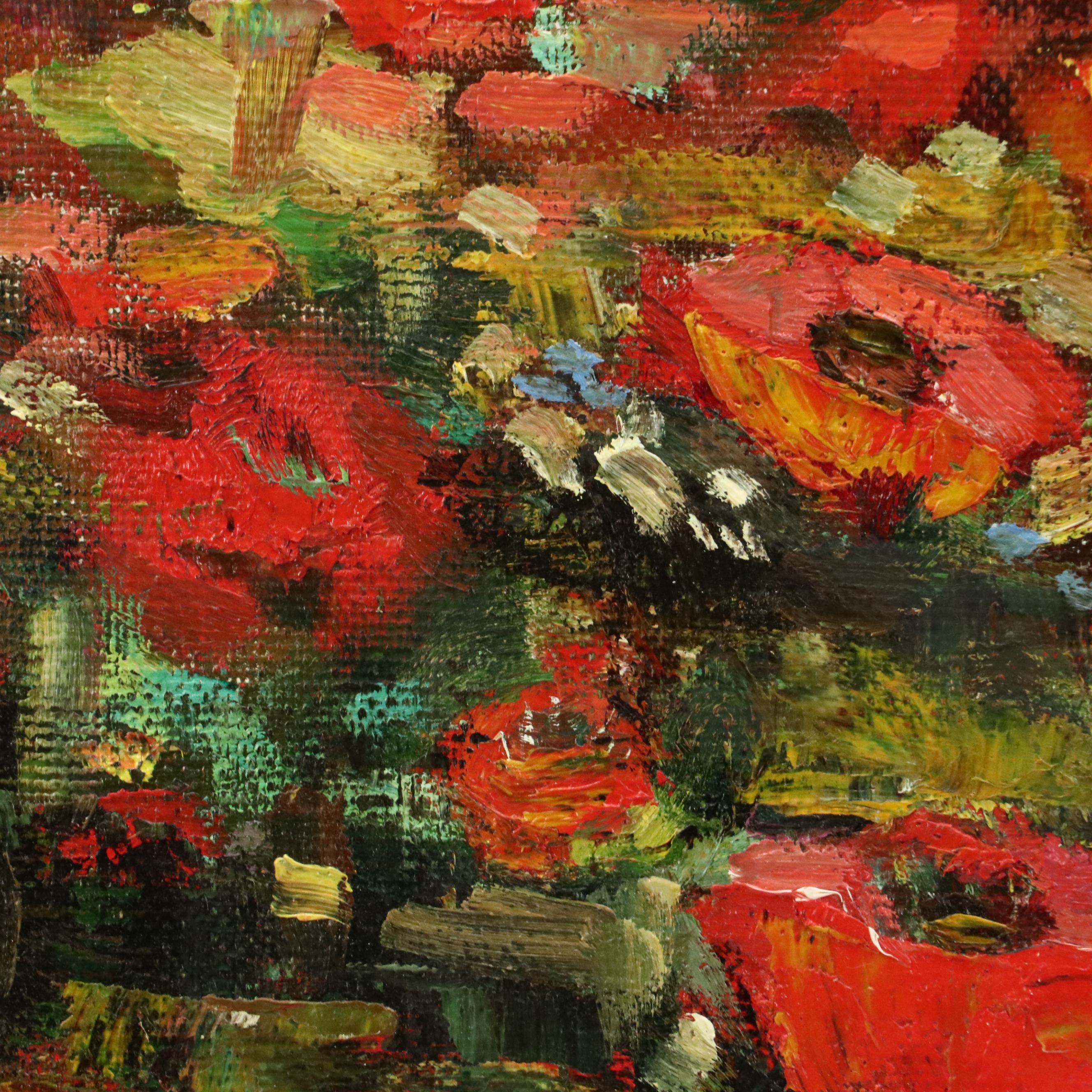 Russian School Impressionist Style Oil Paint of Field of Red Flowers