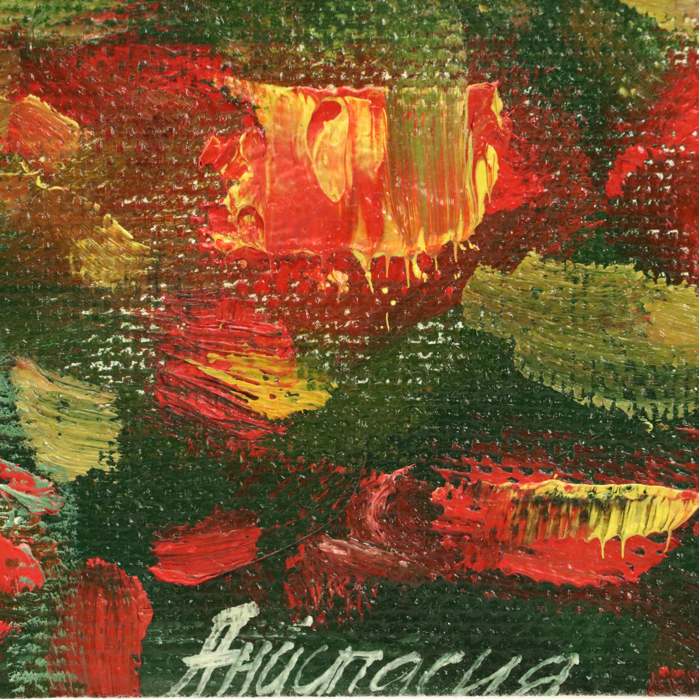 Russian School Impressionist Style Oil Paint of Field of Red Flowers