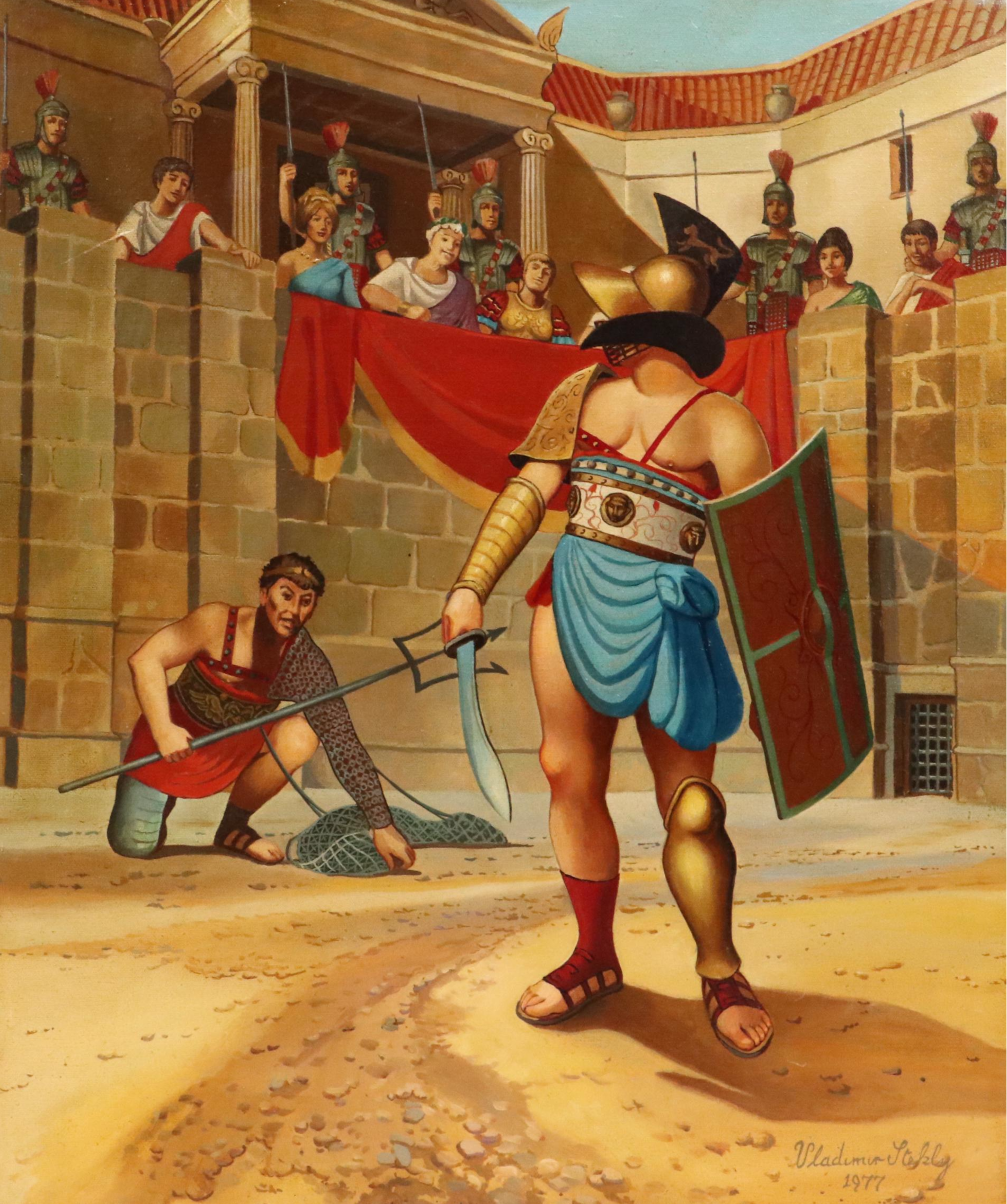 Vladimir Stekly Historical Genre Oil Painting "Gladiators," 1977